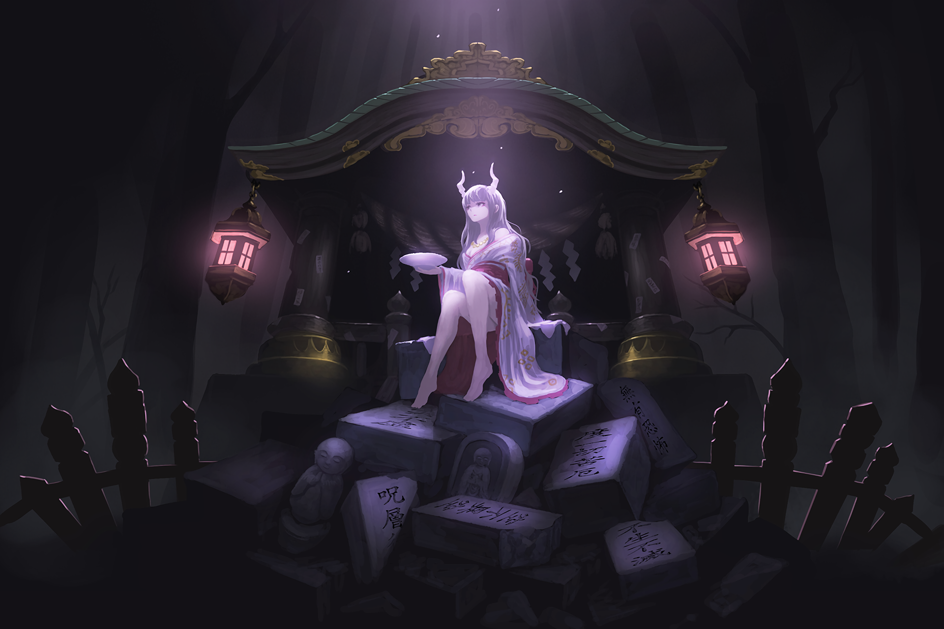 Anime girl with horns sitting on gravestones HD Wallpaper