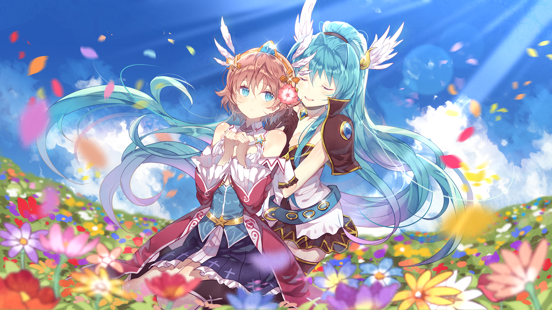 Two anime girls in a flower field under a blue sky HD Wallpaper