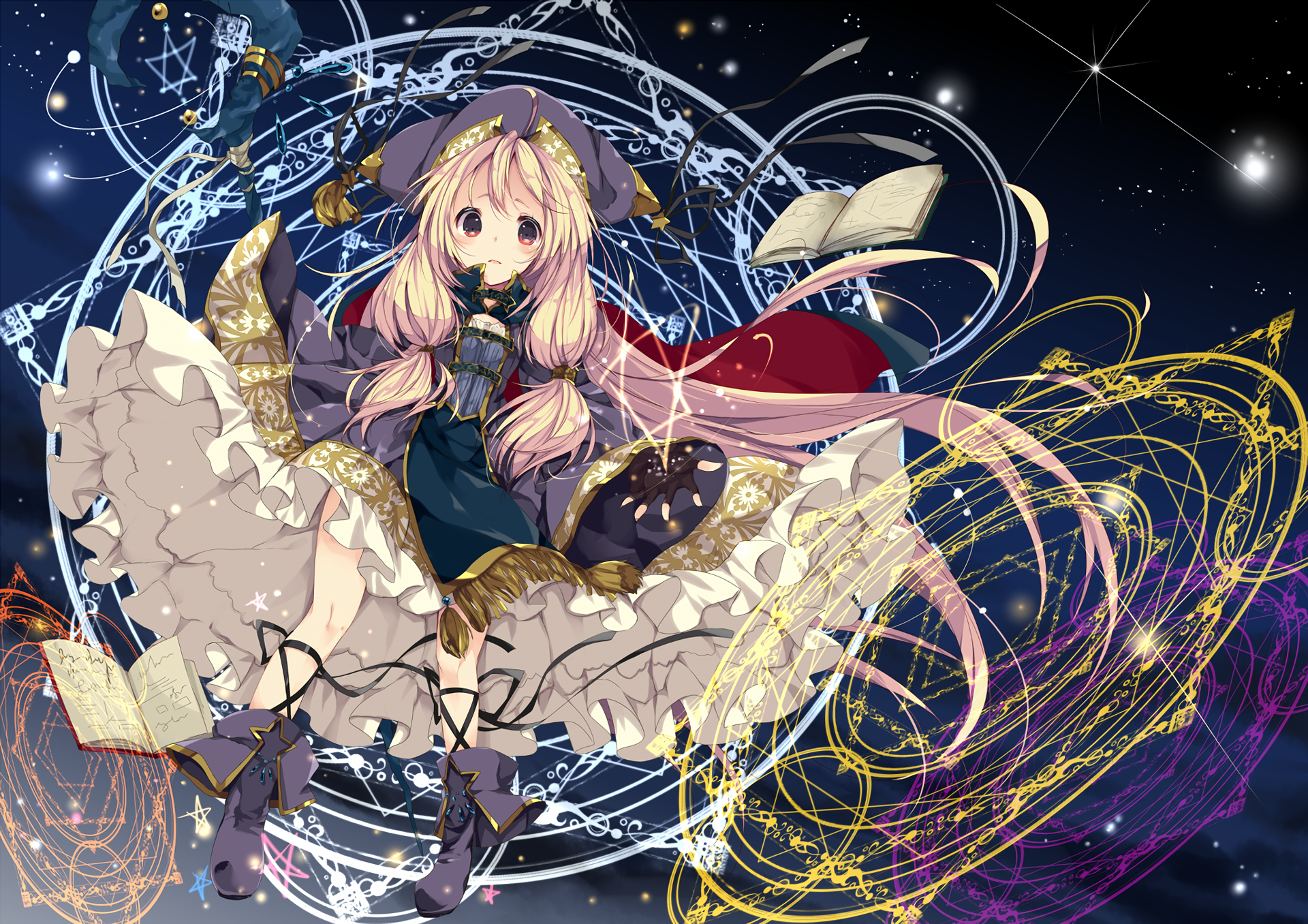 Anime girl with magical circles and books HD Wallpaper