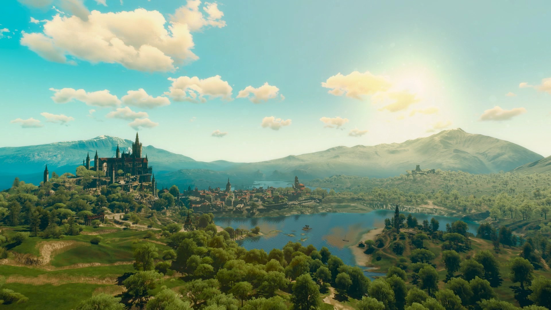 Landscape with castle and lake from The Witcher 3: Wild Hunt HD Wallpaper