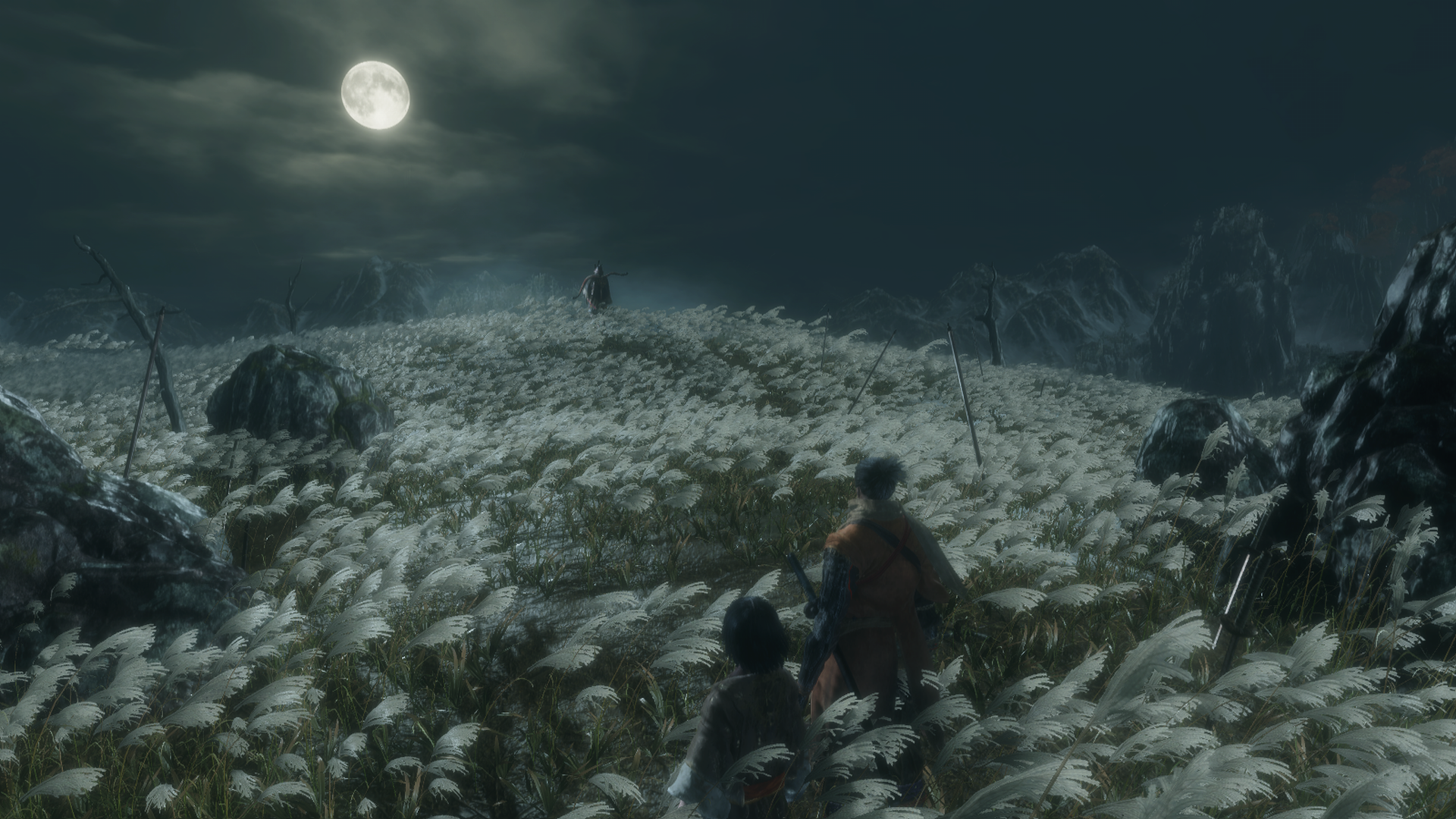 Sekiro: Shadows Die Twice - Two figures walk through a moonlit field HD Wallpaper