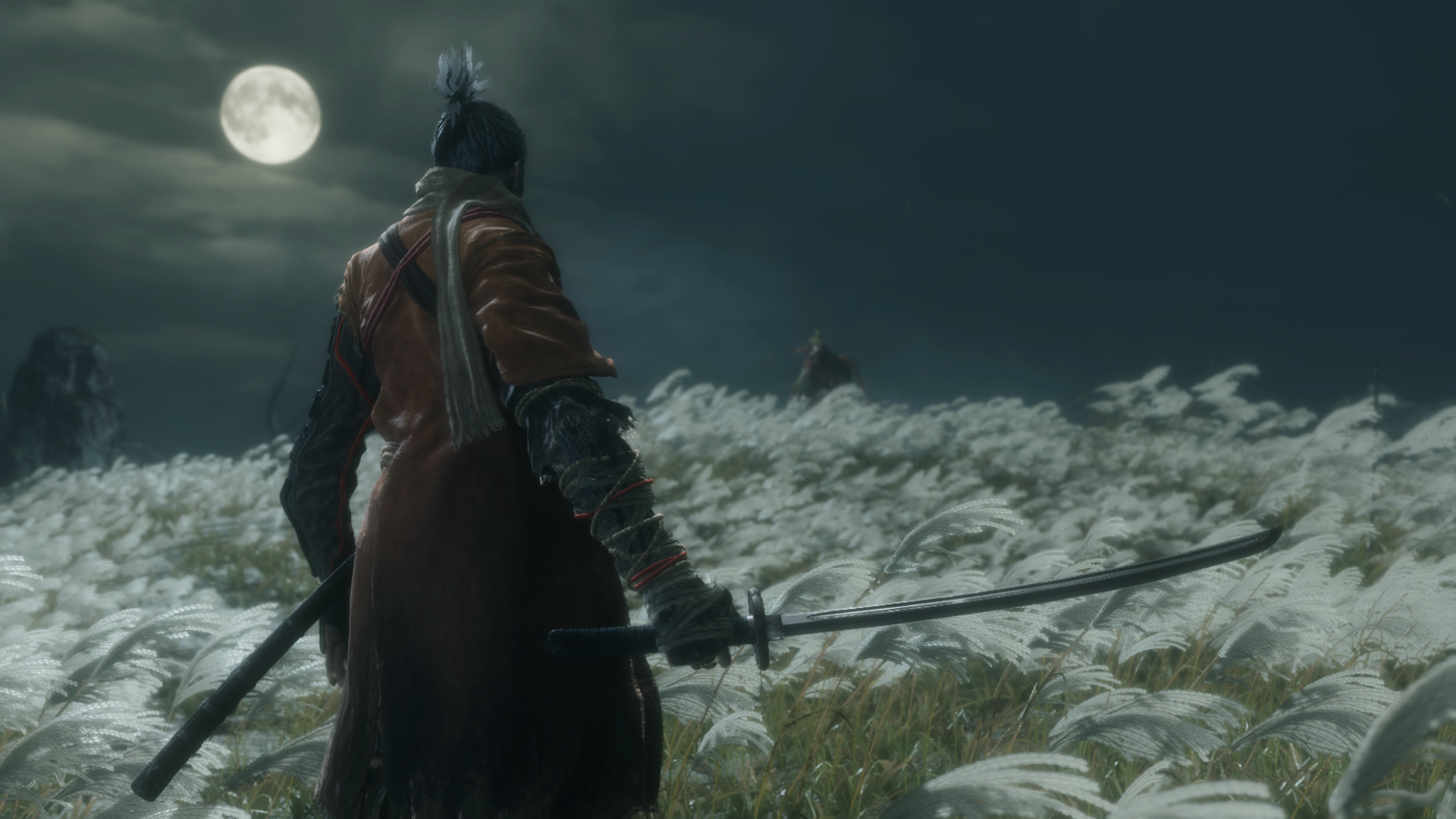 Sekiro: Shadows Die Twice - Man with katana in field under moon HD Wallpaper