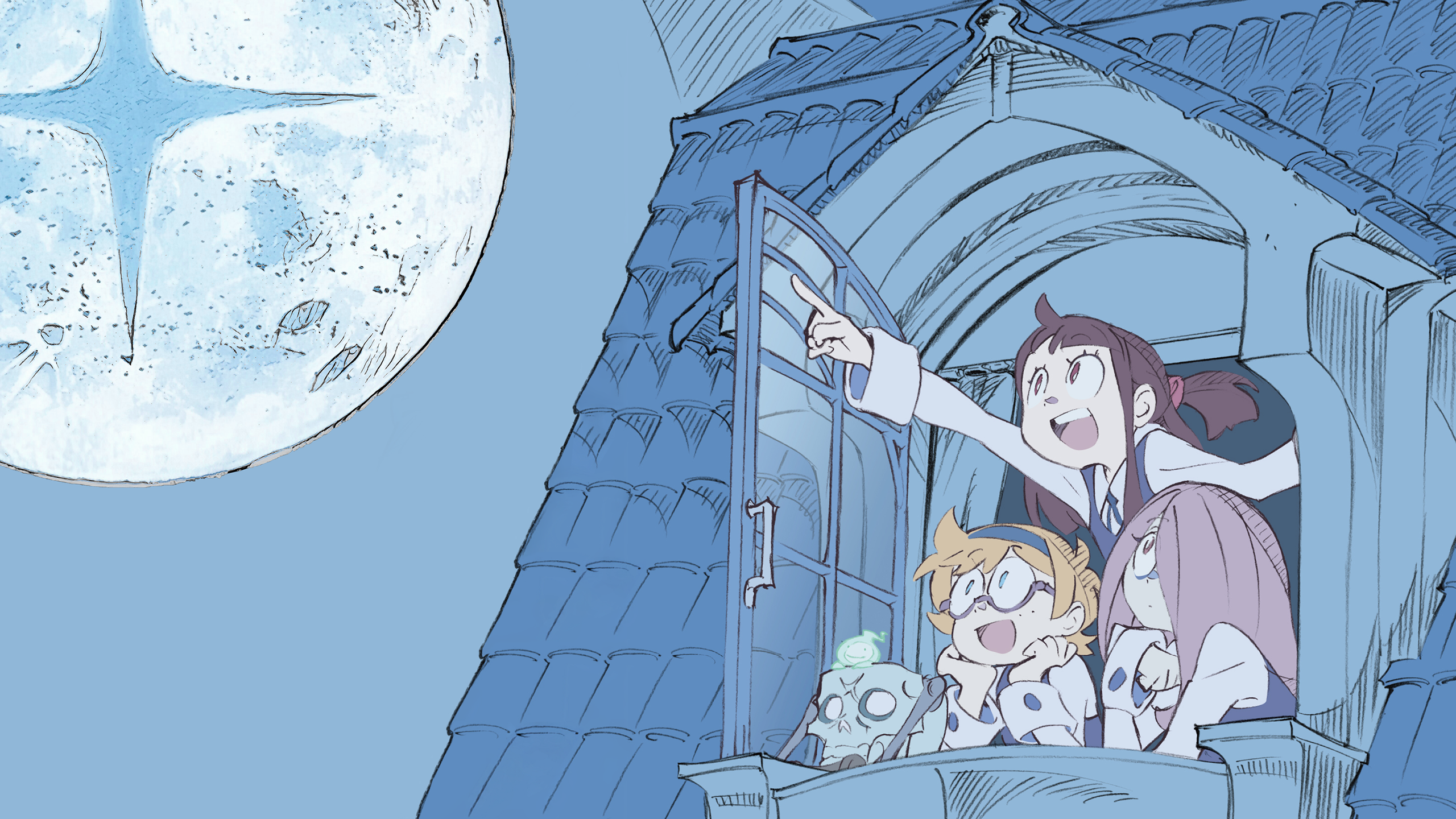 Akko and friends from Little Witch Academia looking at the moon HD Wallpaper