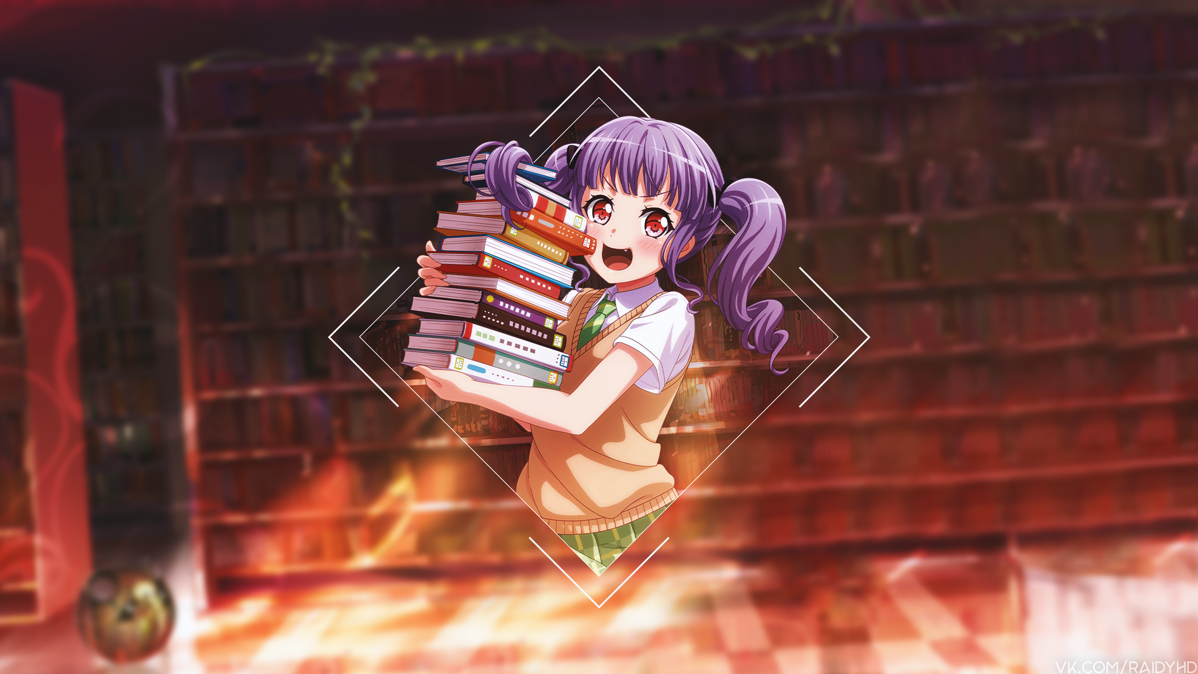 4K Anime Girl Holding Books in Library HD Wallpaper