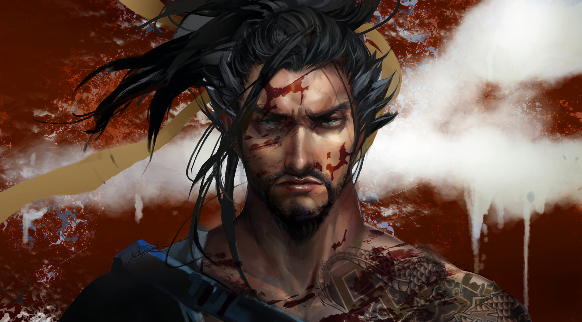 Hanzo Shimada from Overwatch, digital art portrait HD Wallpaper
