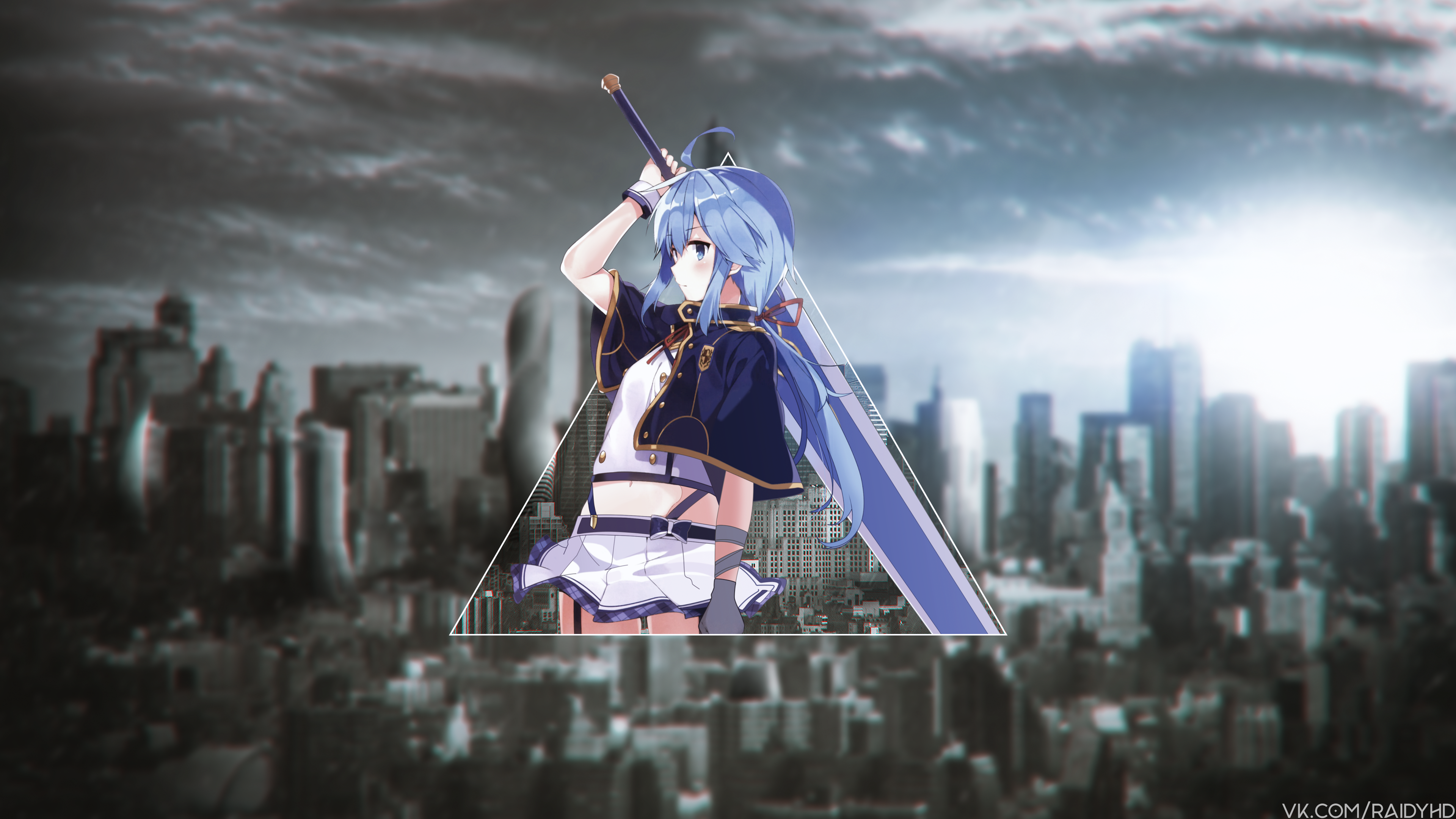 Anime girl with blue hair and sword in city HD Wallpaper