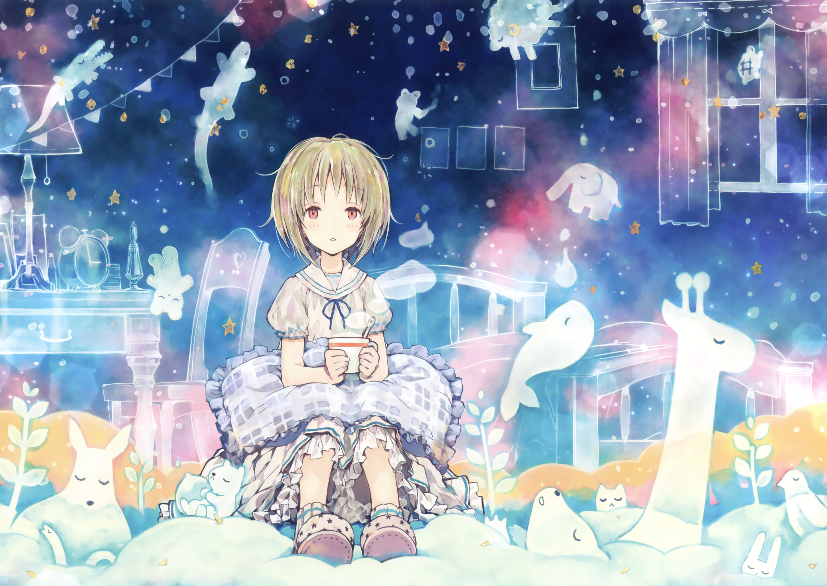 Anime girl with cup in a dreamlike starry sky HD Wallpaper