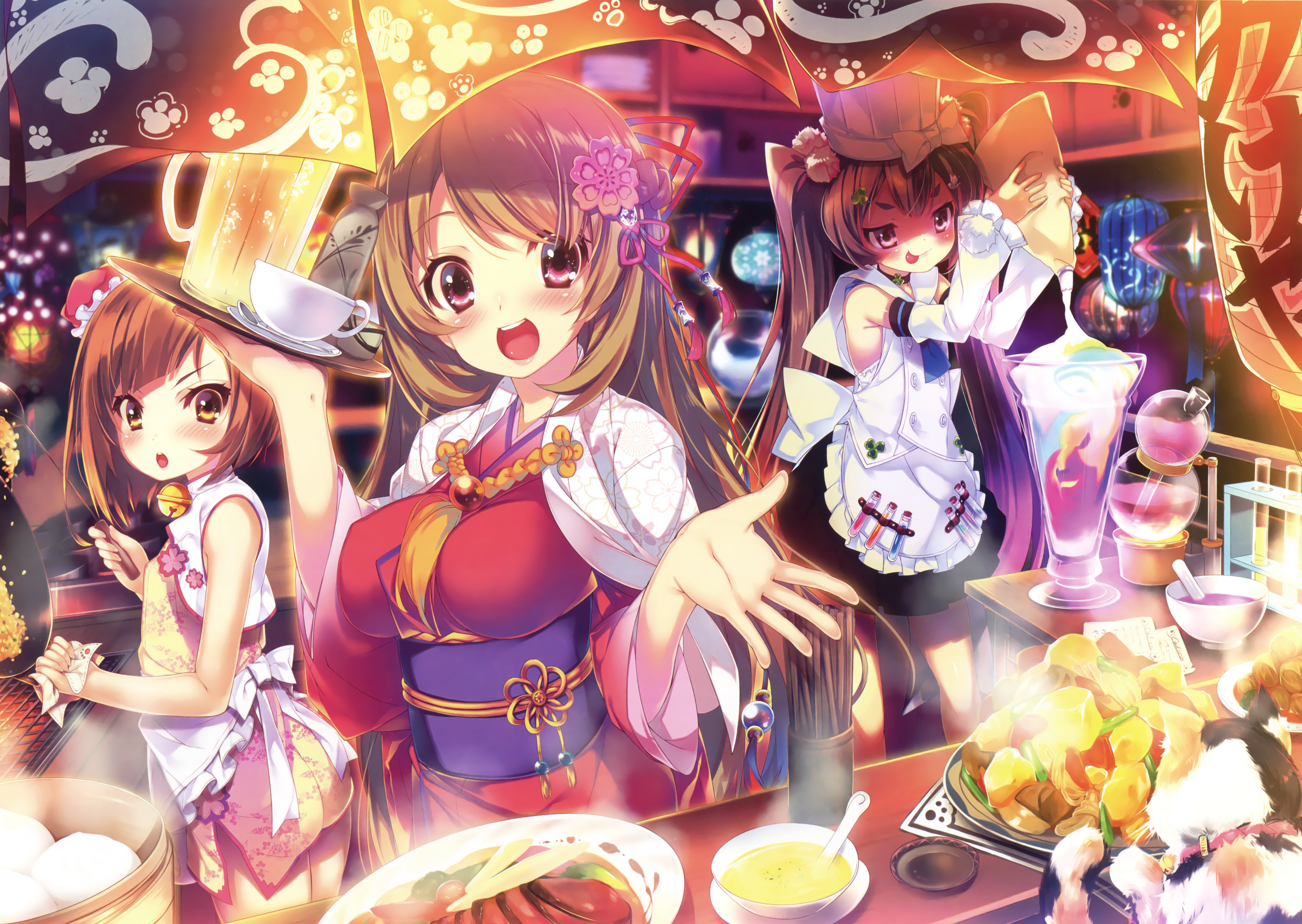 Anime girls serving food and drinks at a festival stall HD Wallpaper
