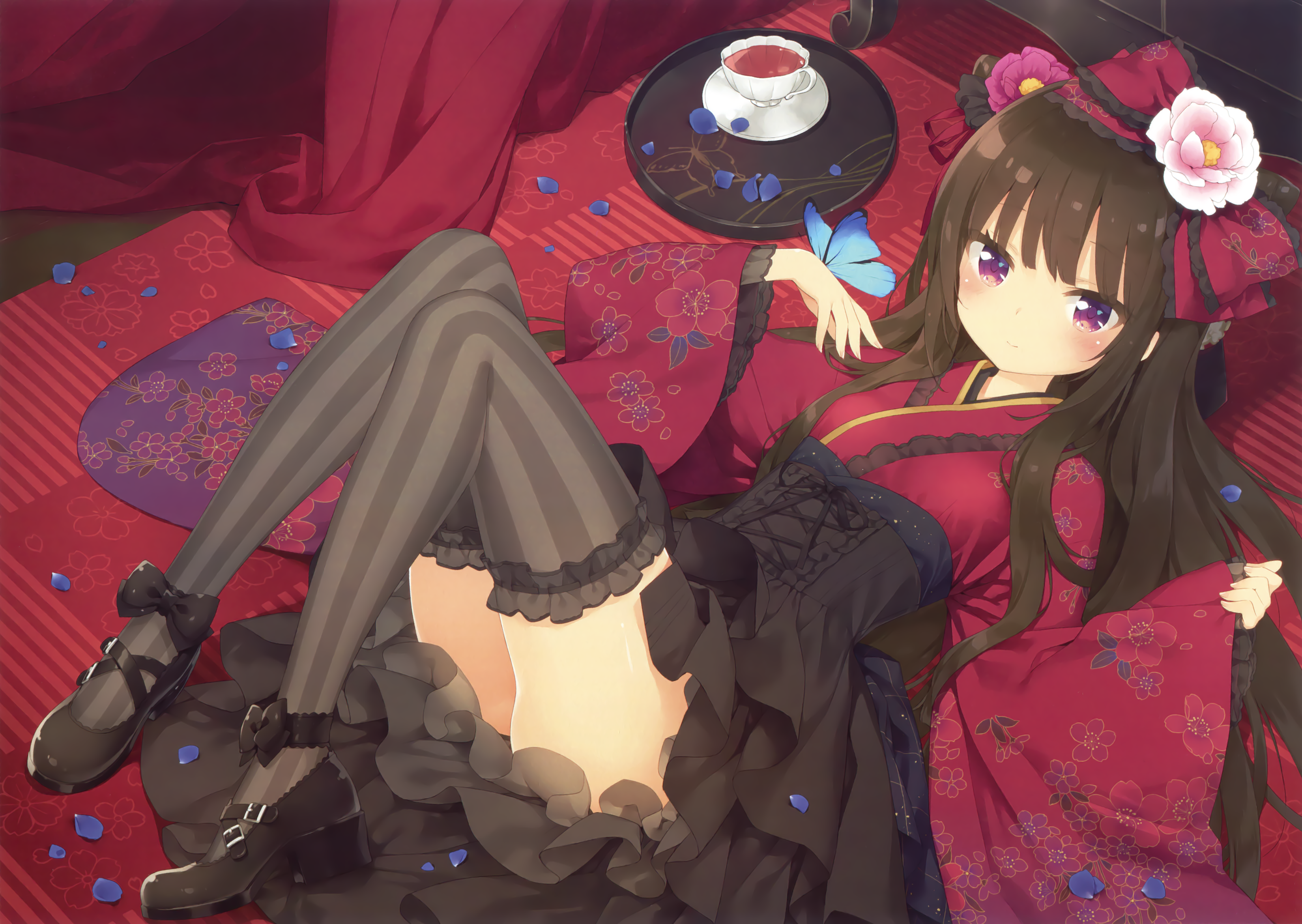 Anime girl in kimono with butterfly and tea HD Wallpaper