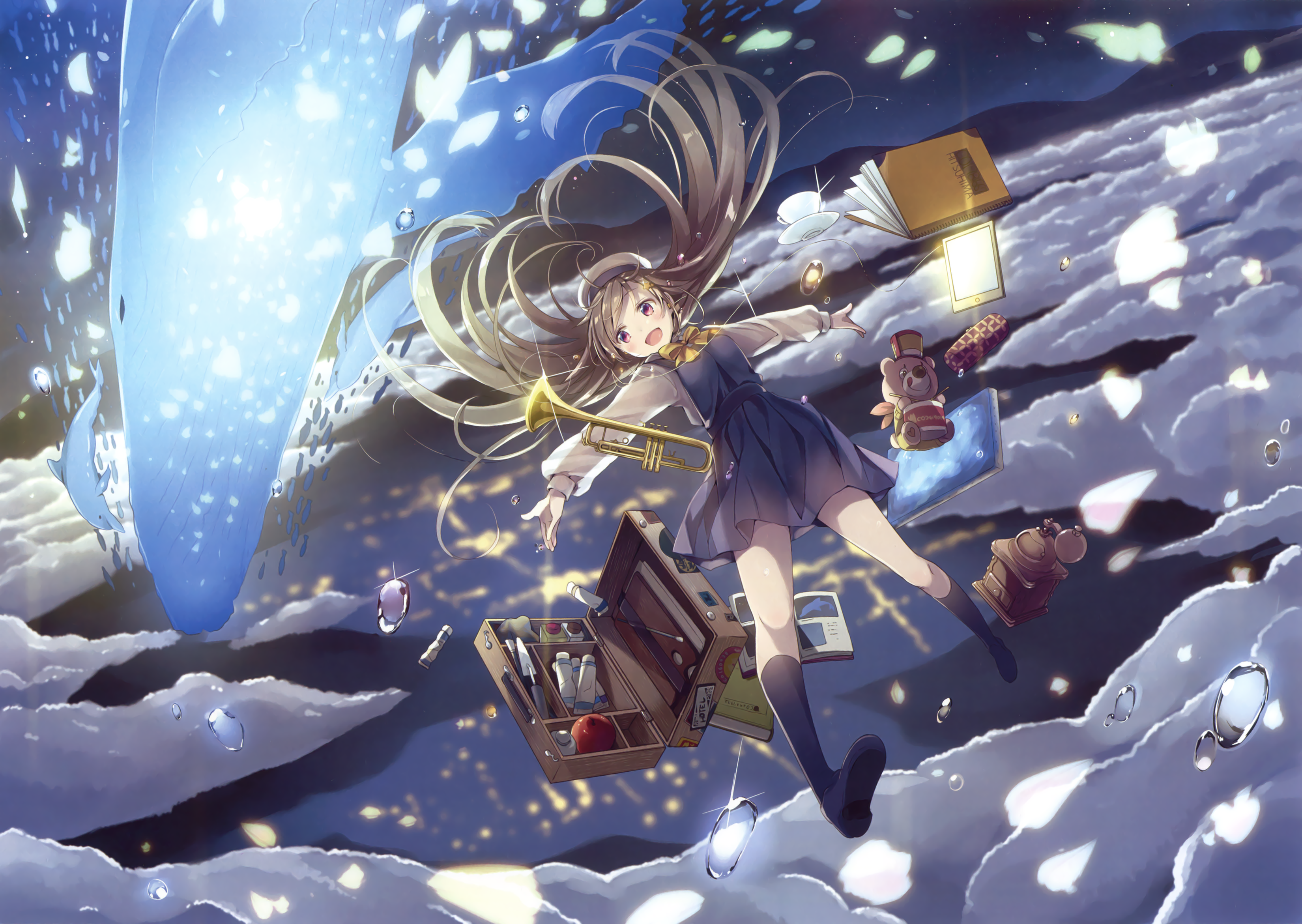 Anime girl with trumpet and art supplies floating HD Wallpaper