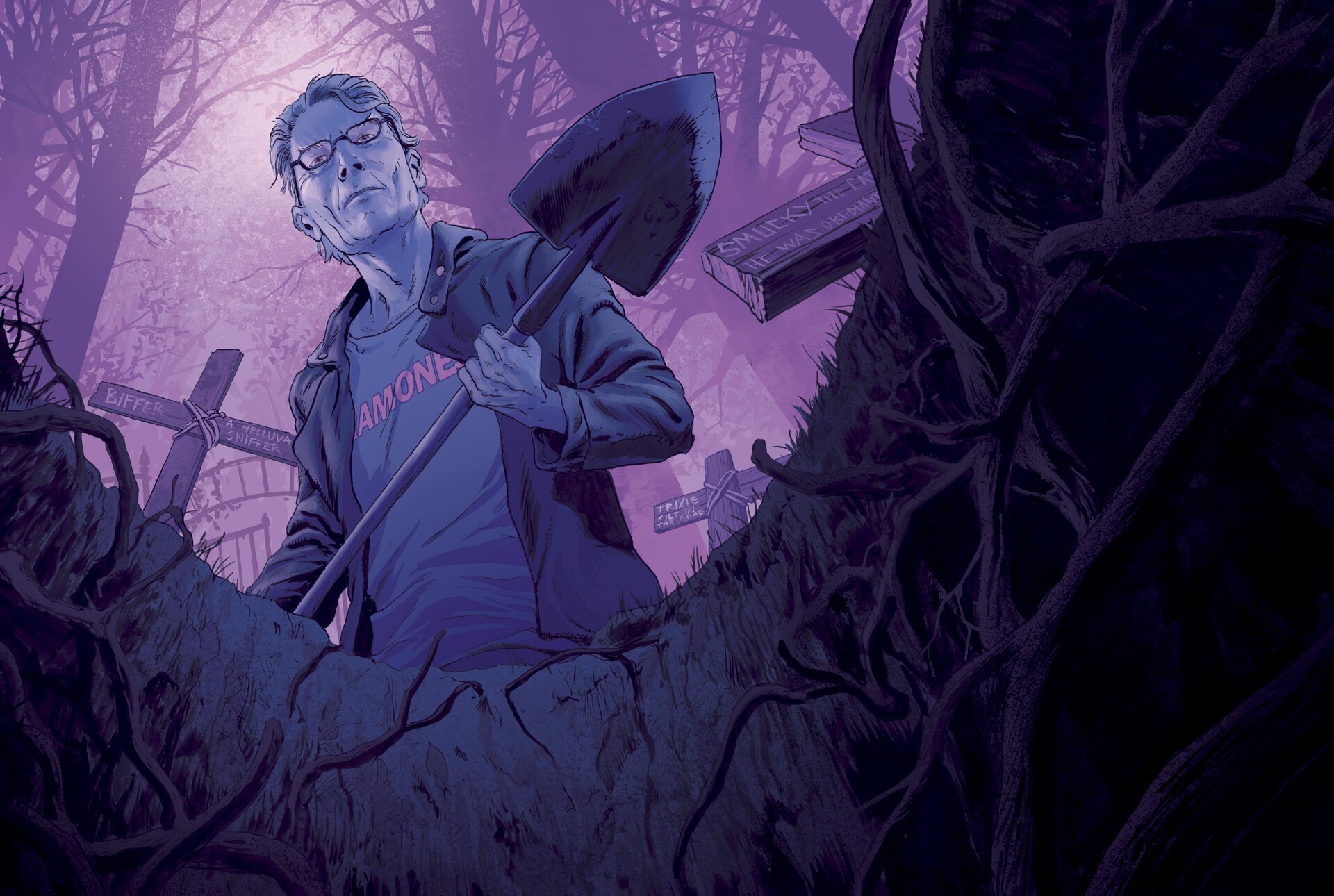 Man with shovel in a cemetery HD Wallpaper