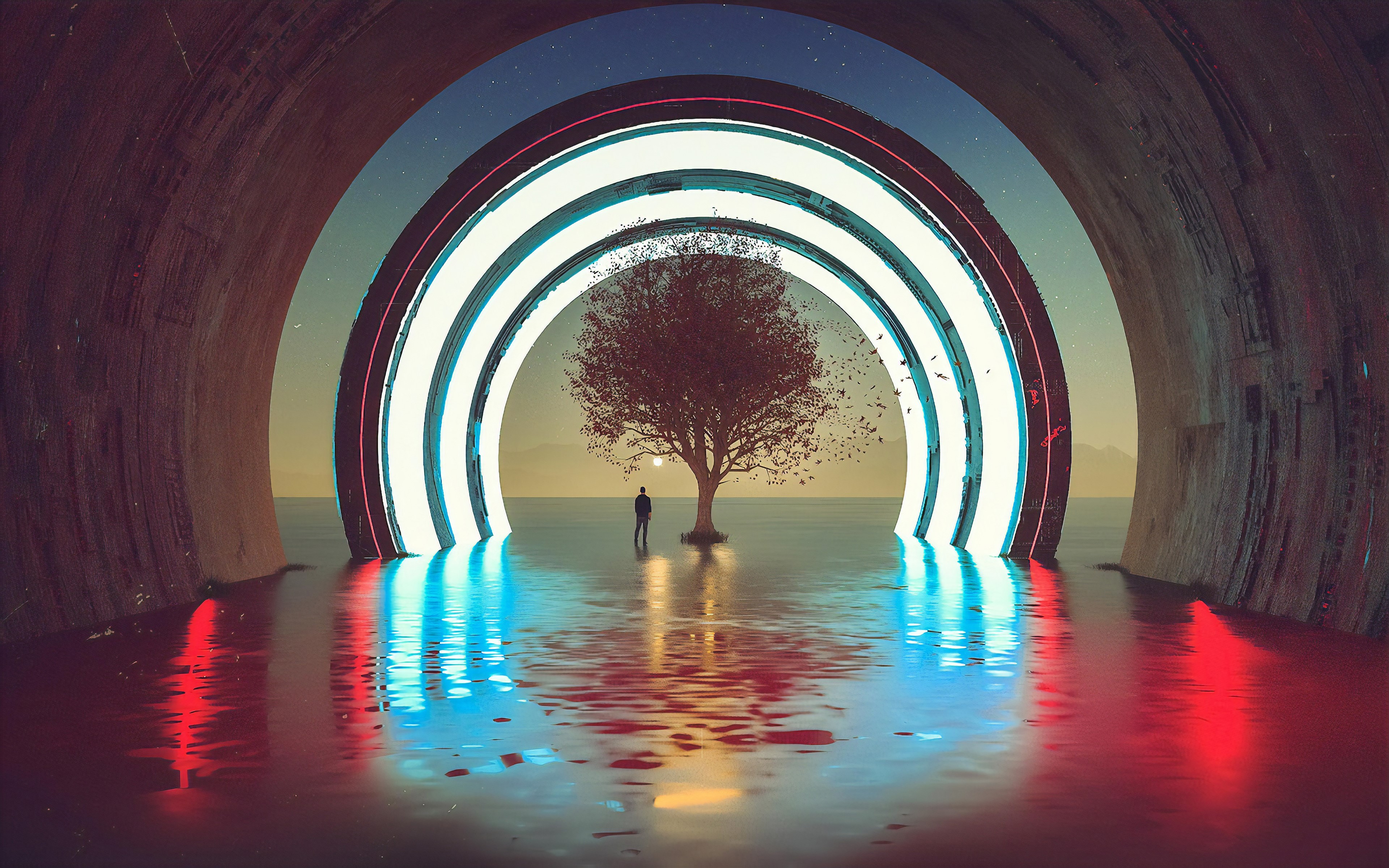 Man standing by a tree in a surreal tunnel with neon lights HD Wallpaper