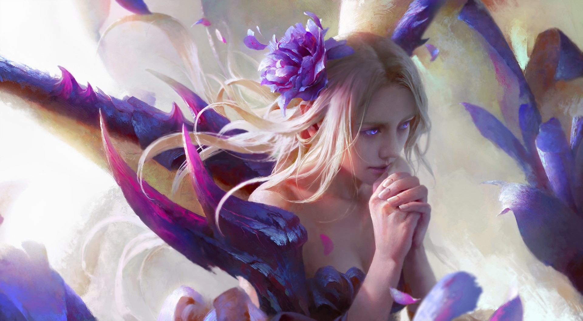 Fantasy girl with blonde hair and purple eyes praying HD Wallpaper