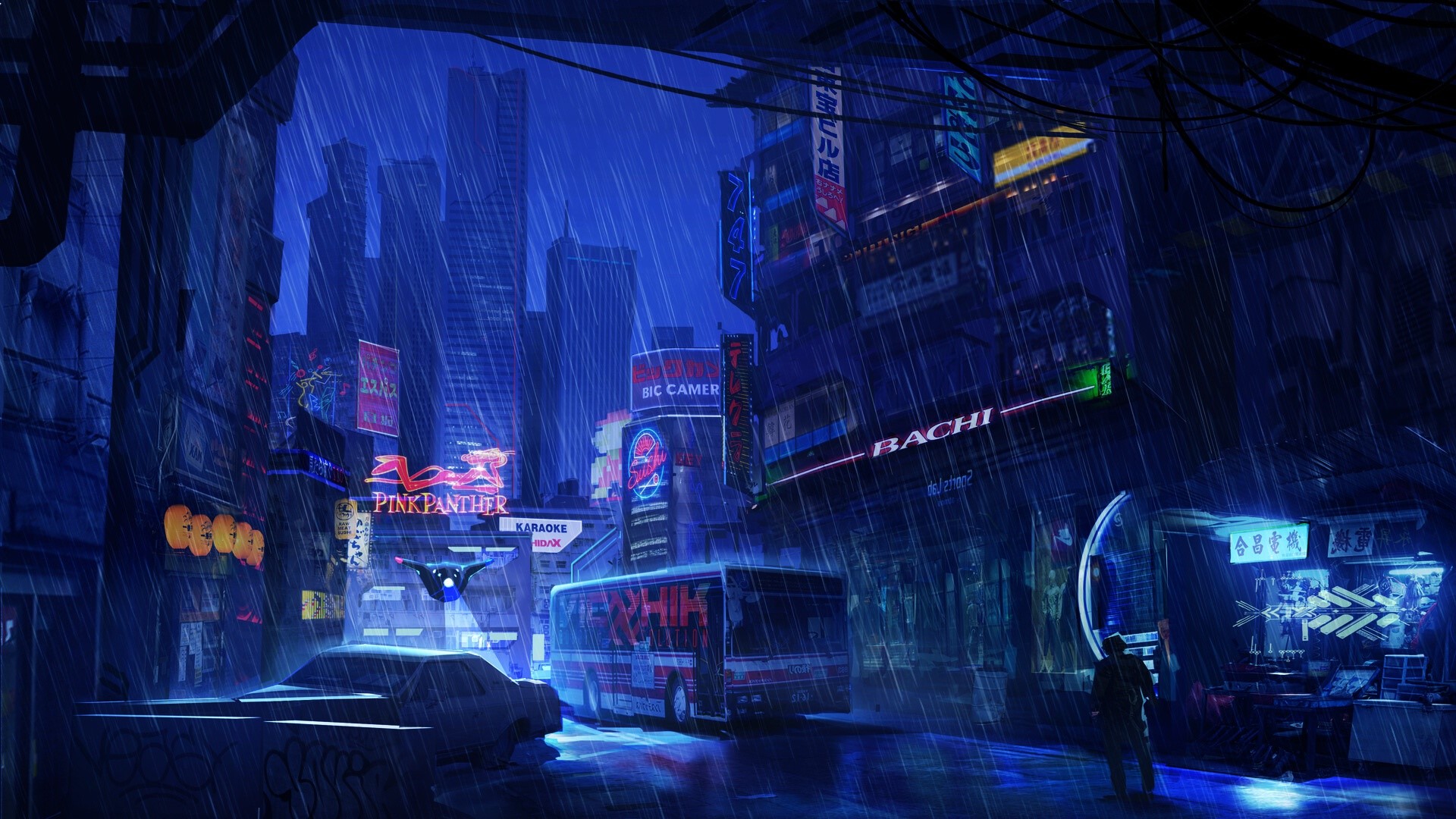 Futuristic city street at night in the rain HD Wallpaper