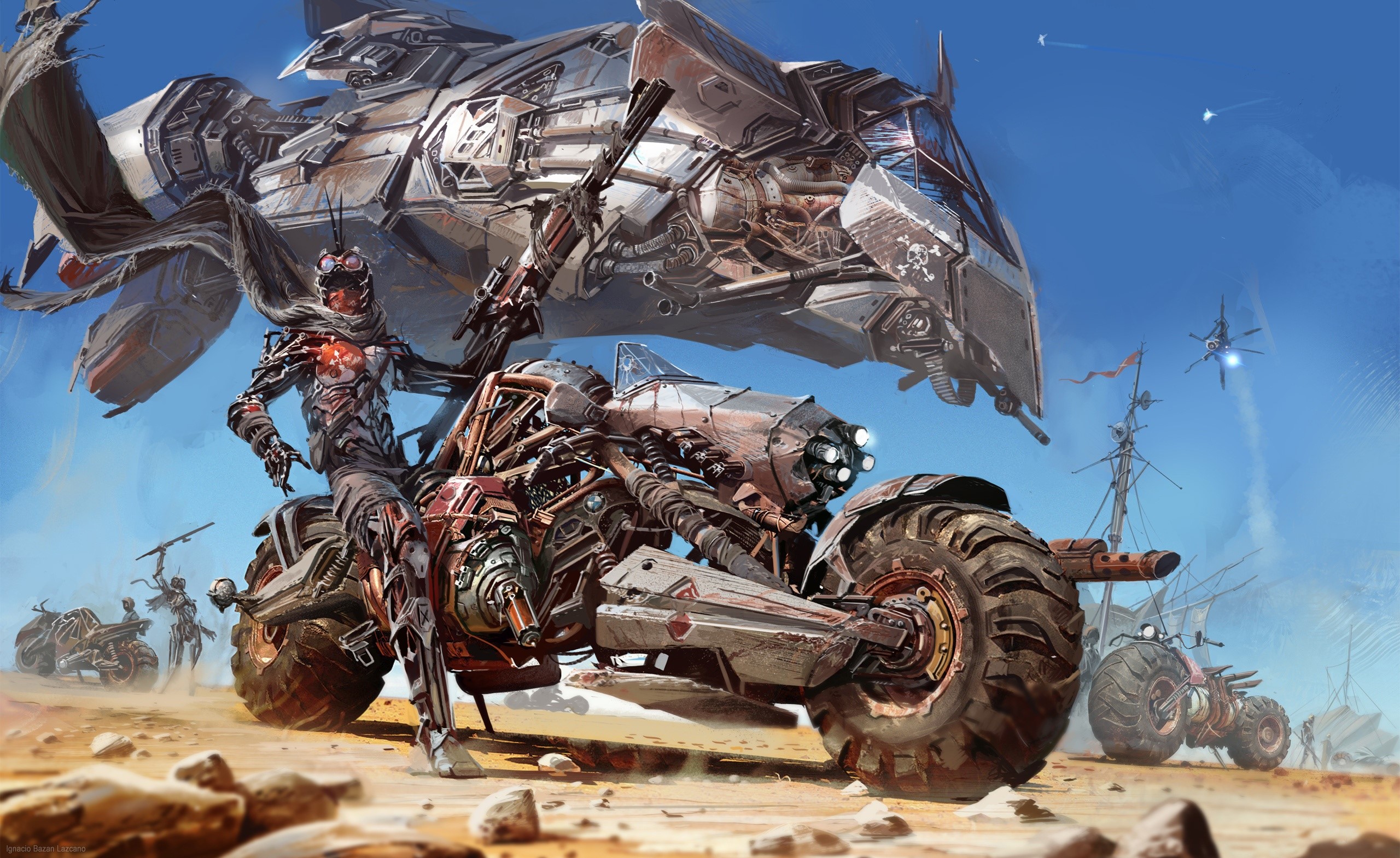 Futuristic desert motorcycle and aircraft artwork HD Wallpaper