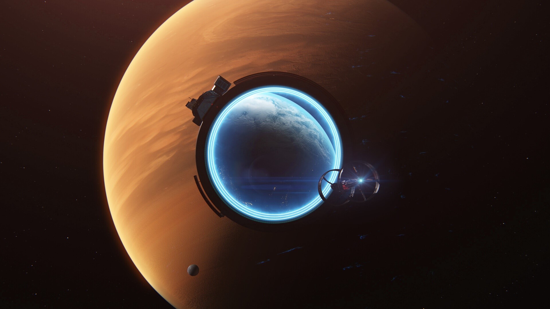Space station orbiting a gas giant with a planet visible HD Wallpaper