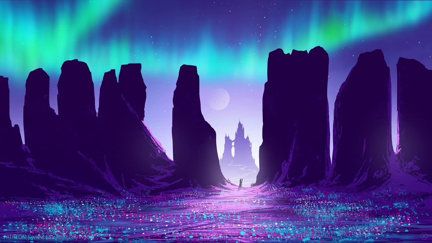 Digital art of a fantasy landscape with aurora borealis HD Wallpaper