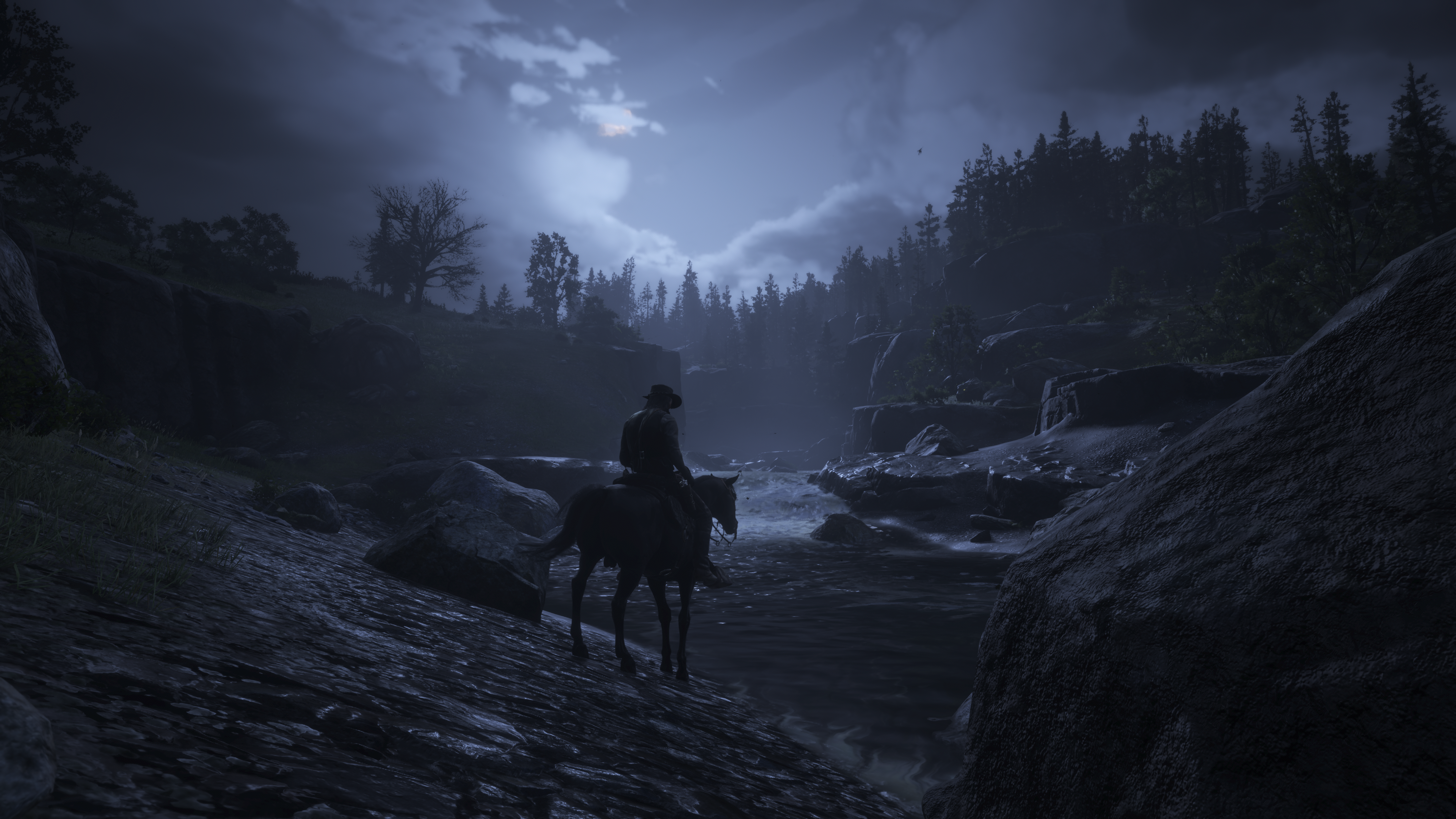 Red Dead Redemption 2 night scene with a man on horseback HD Wallpaper