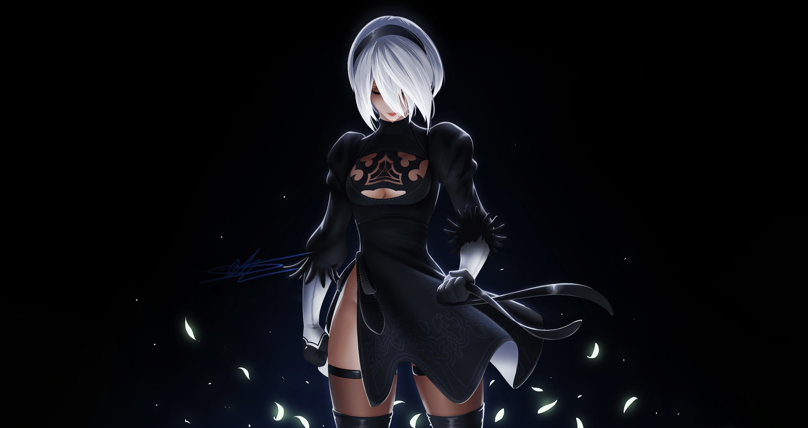 2B from Nier: Automata standing in darkness HD Wallpaper