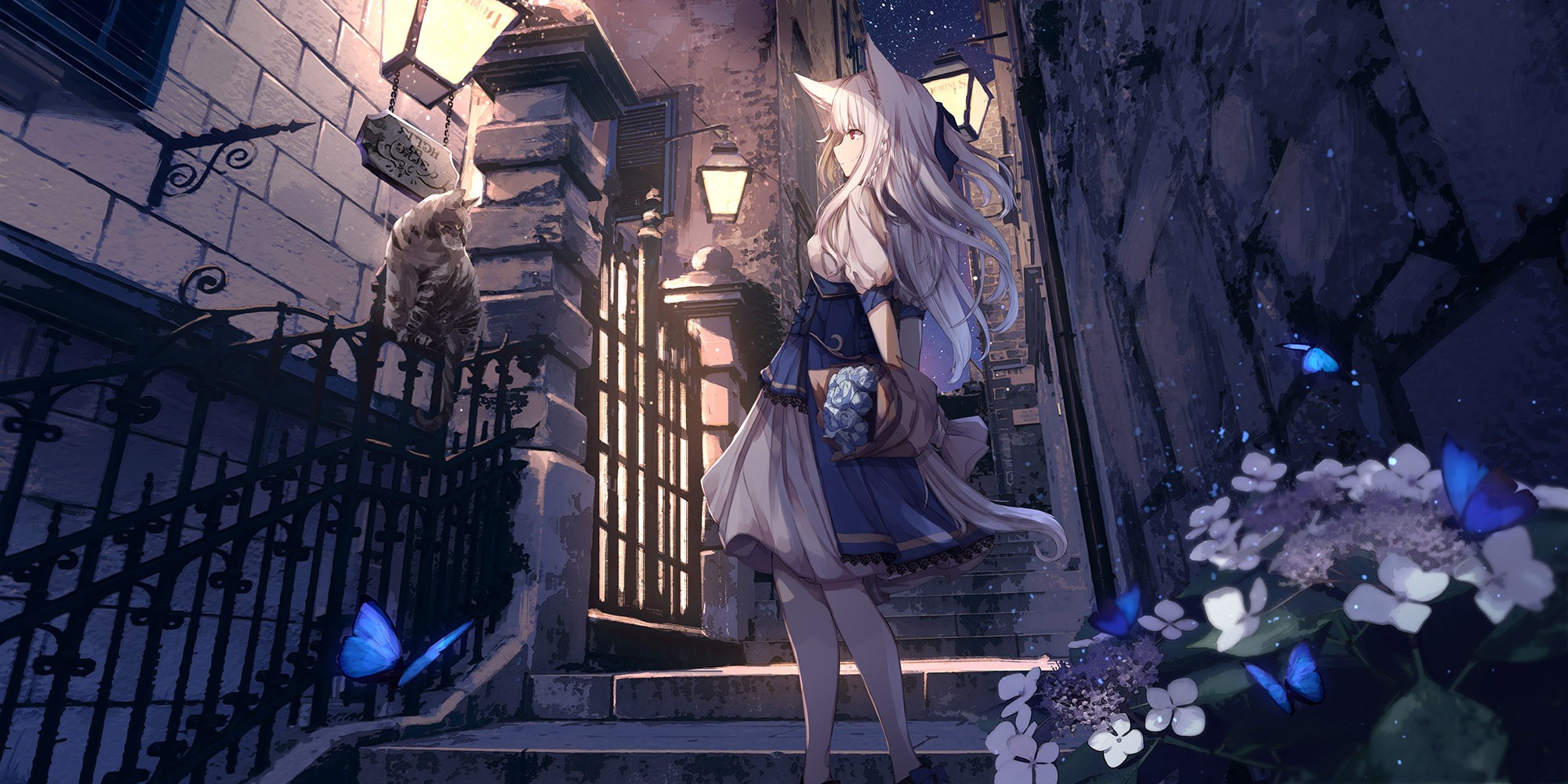 Anime girl with animal ears and flowers in a city at night HD Wallpaper