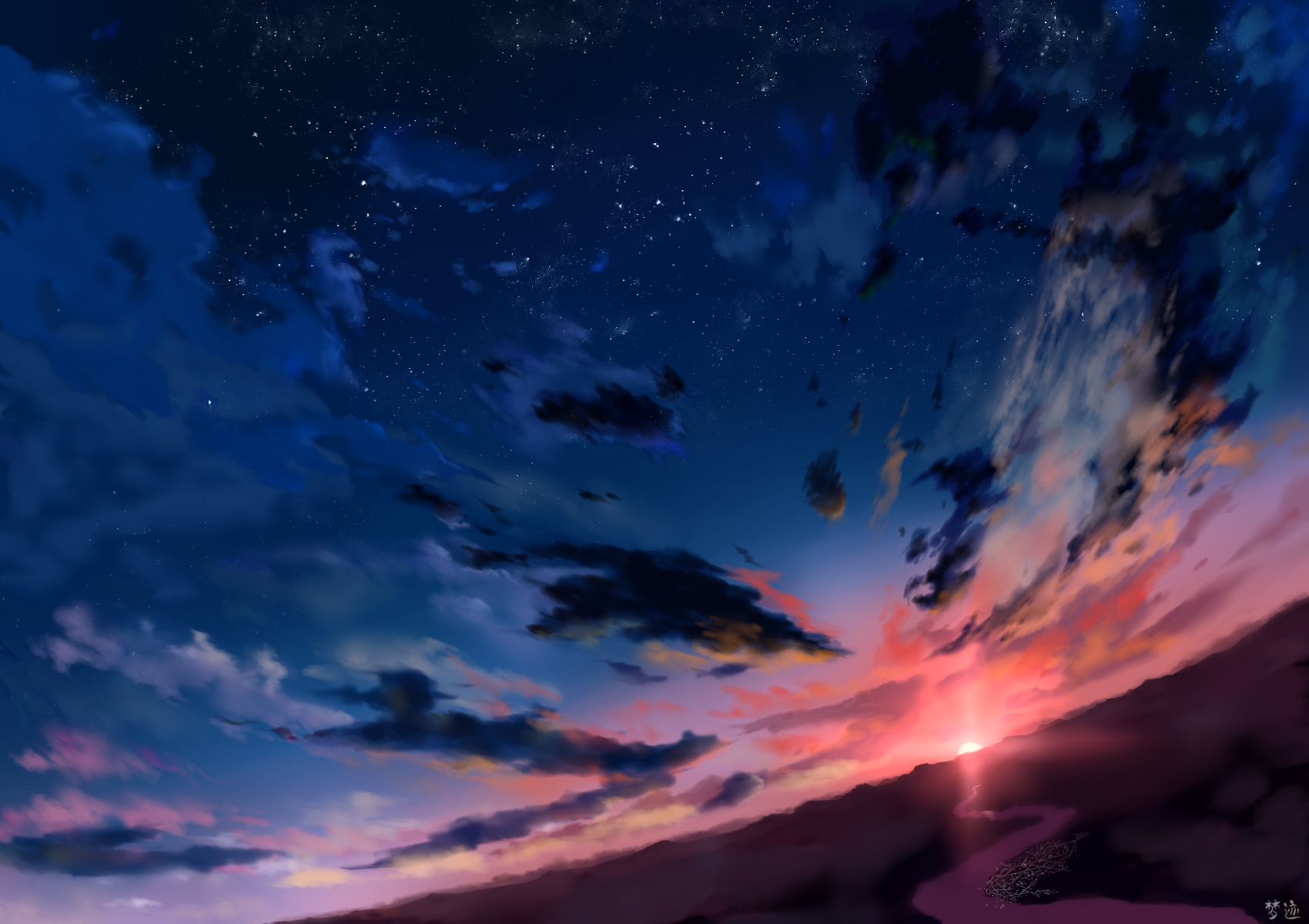 Digital art of a sunset sky with stars and clouds over a river HD Wallpaper