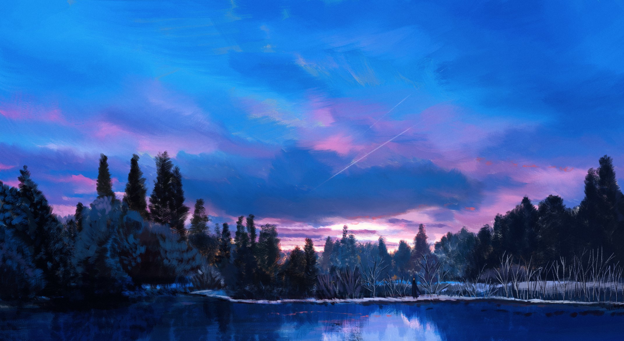 Digital art of a lake and trees at sunset HD Wallpaper