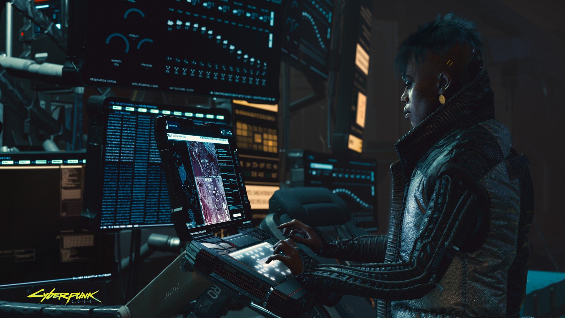 Woman working at computer in Cyberpunk 2077 HD Wallpaper