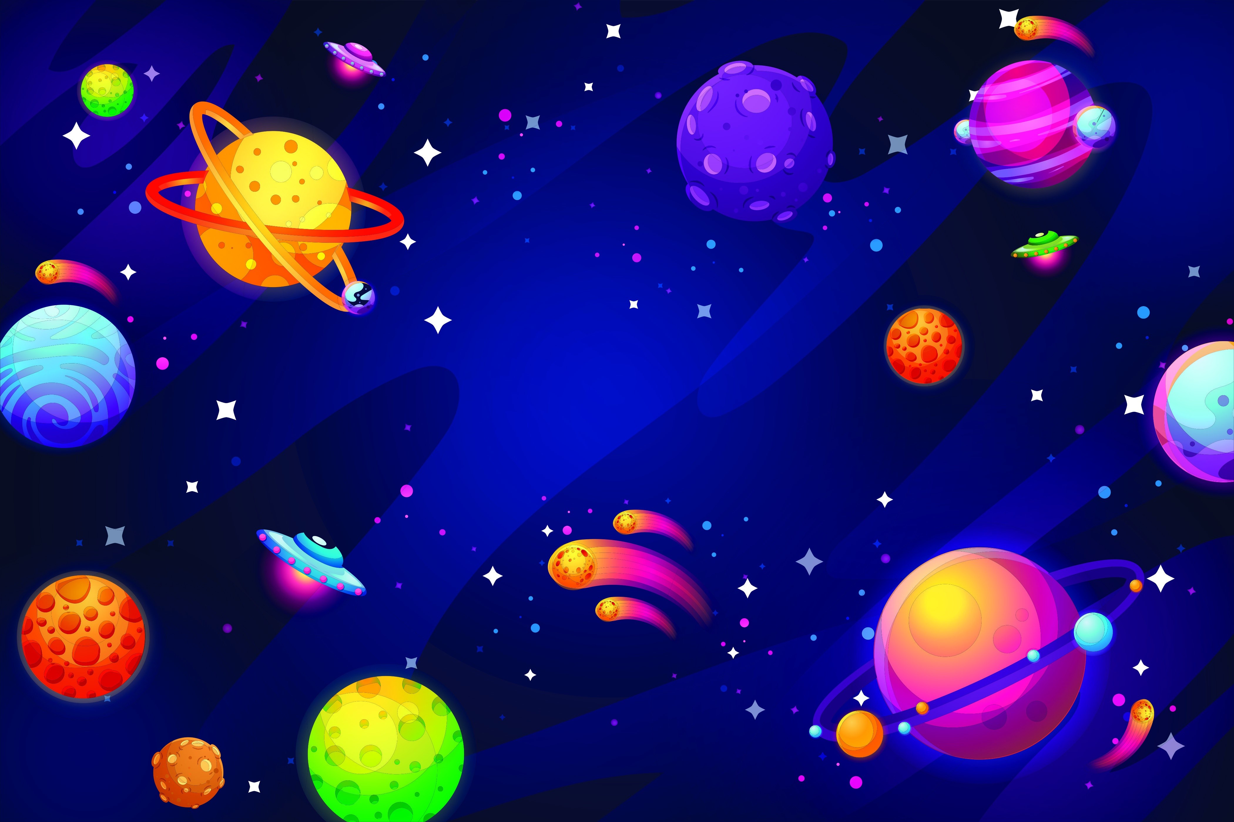 Colorful planets and UFOs in space HD Wallpaper