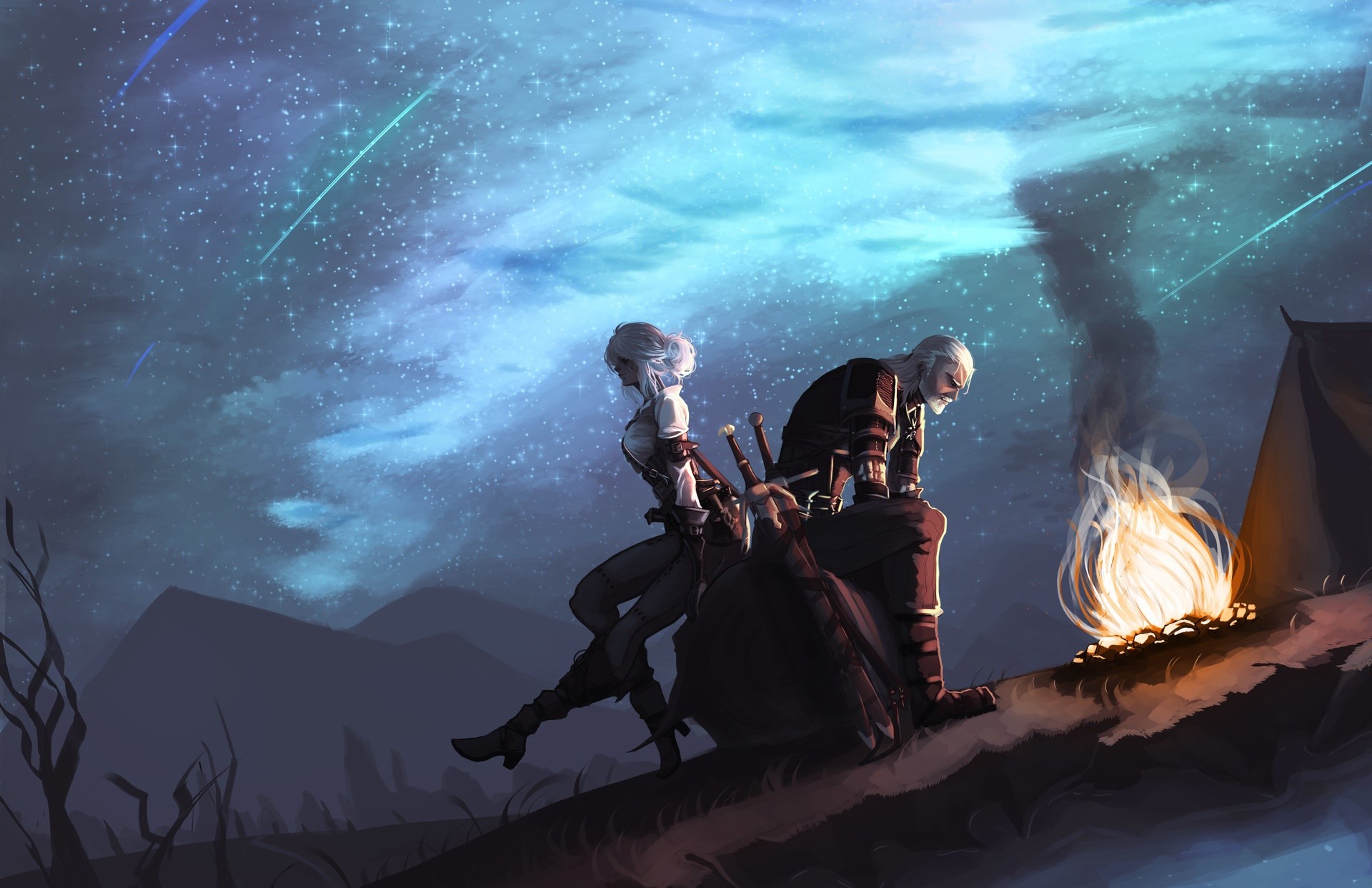 Geralt and Ciri from The Witcher 3 under a starry sky HD Wallpaper