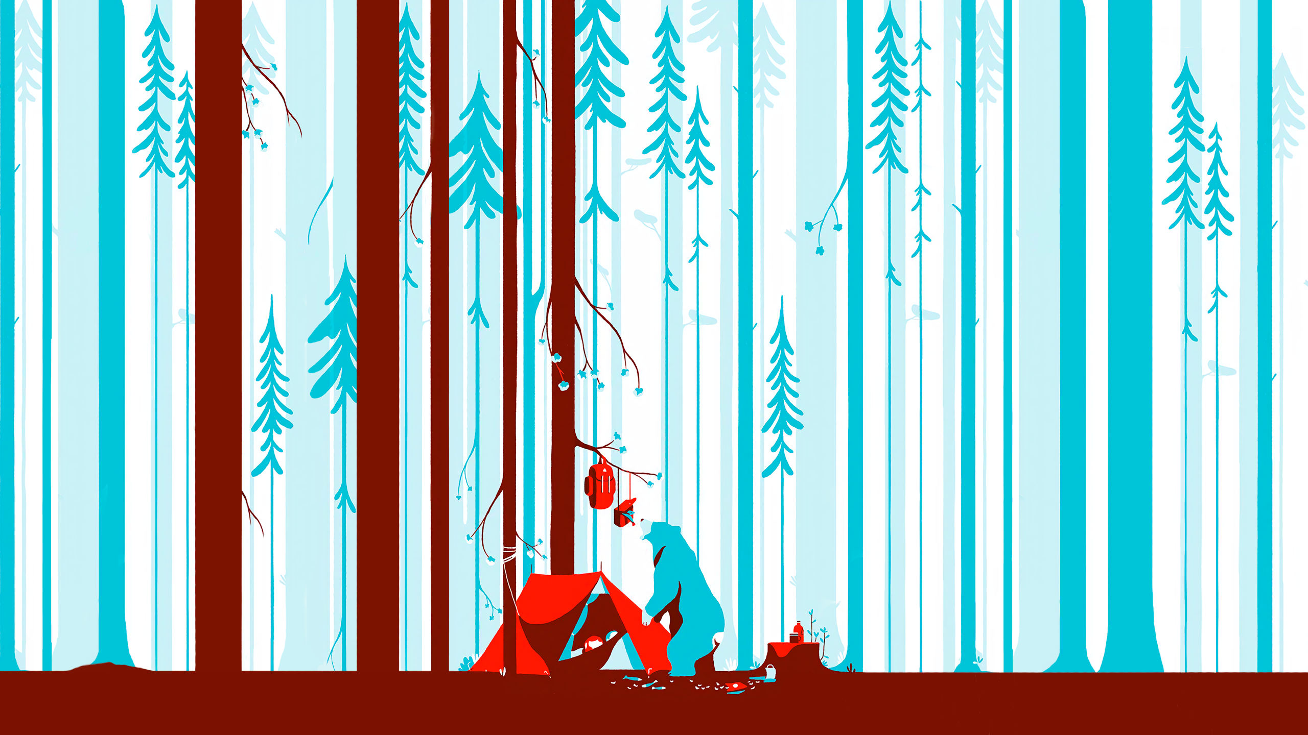 Bear at a campsite in a stylized forest HD Wallpaper