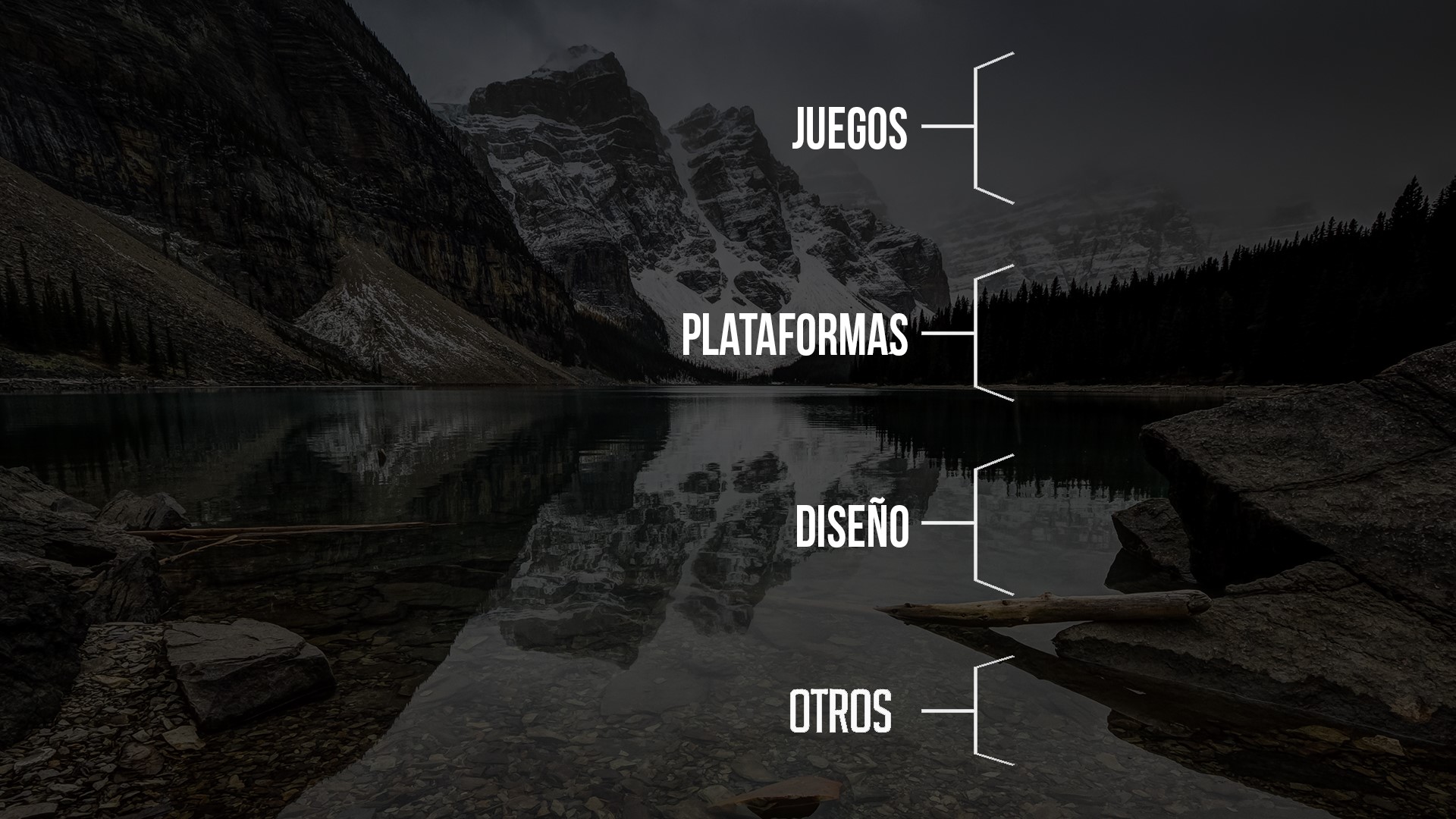 Dark mountains reflected in a lake with text labels HD Wallpaper