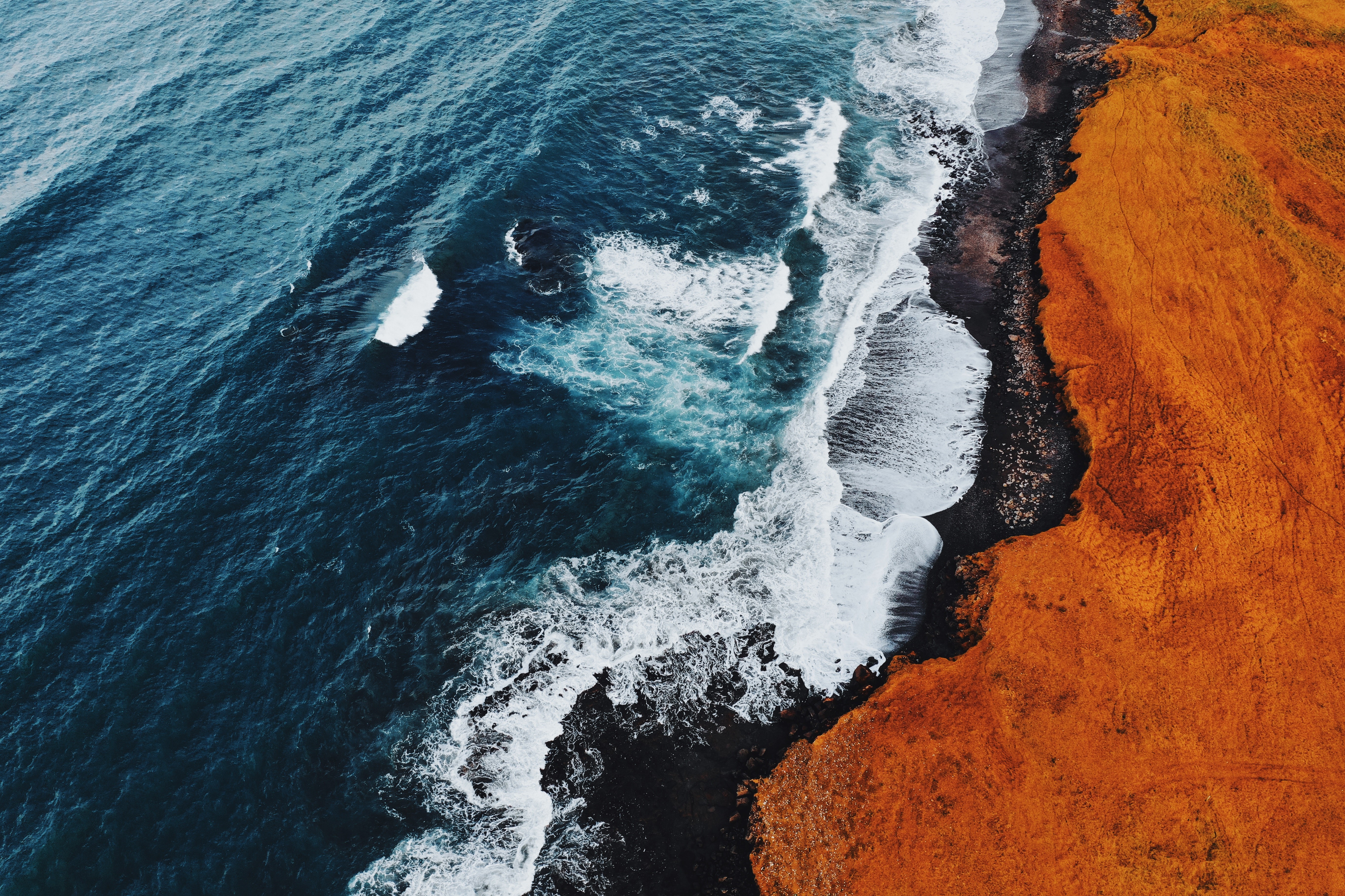 Aerial view of ocean waves crashing on a rocky coast with orange grass HD Wallpaper
