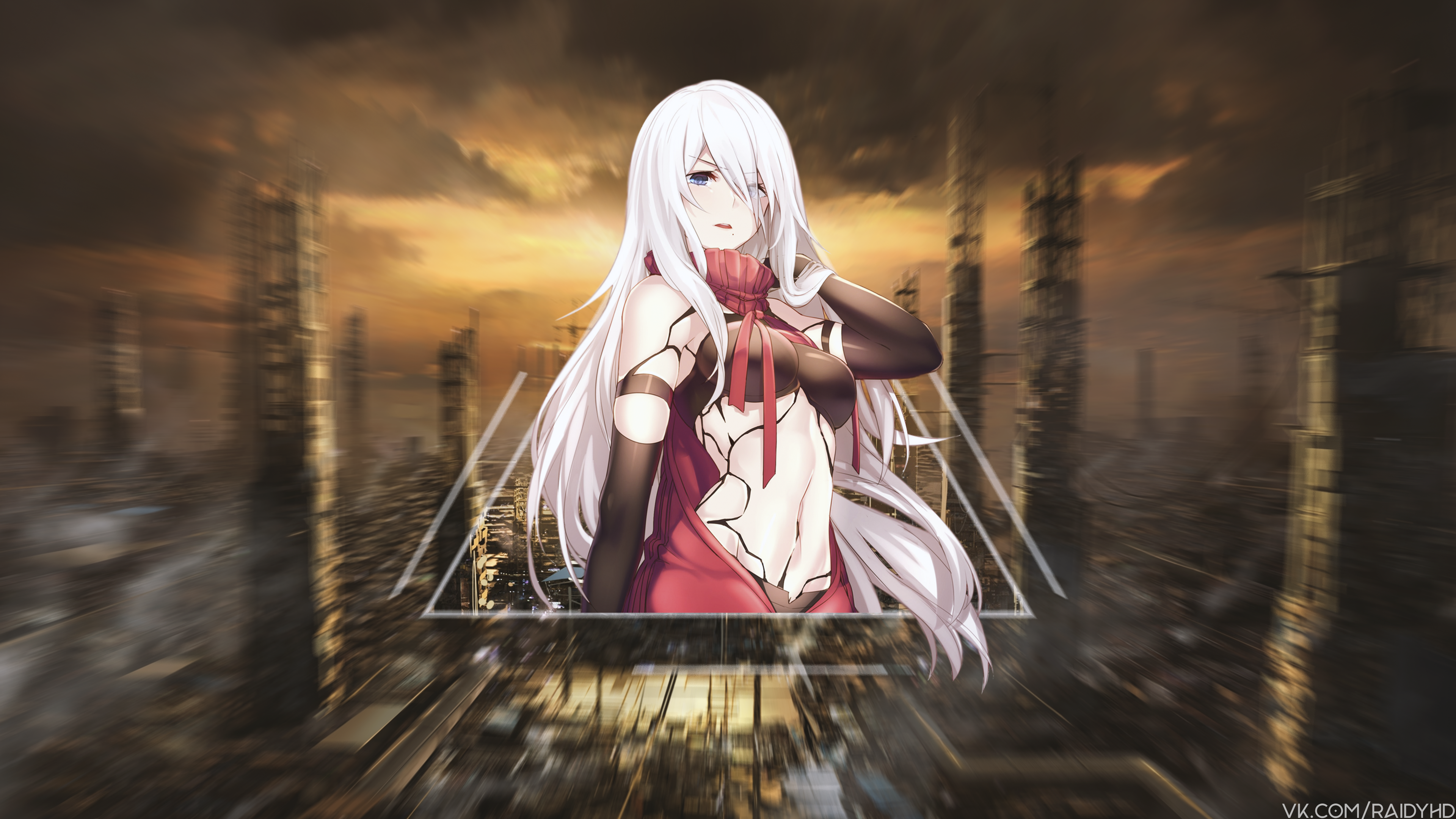 Anime girl with white hair in a ruined city HD Wallpaper