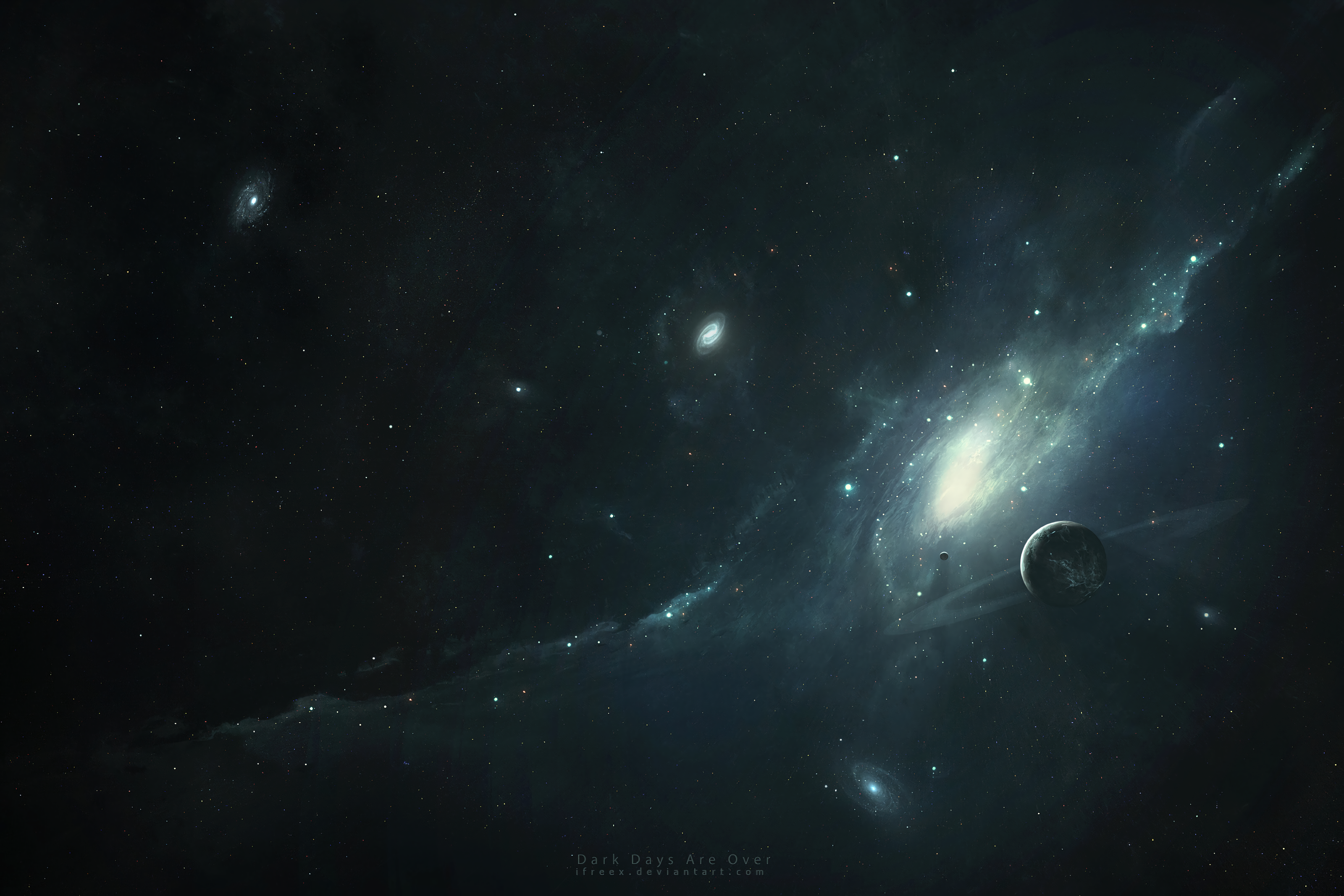 Digital art of a planet with rings in a galaxy HD Wallpaper
