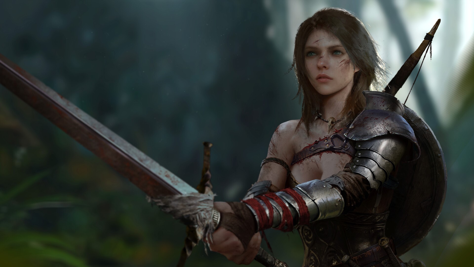 Fantasy warrior woman with sword and bow in forest HD Wallpaper