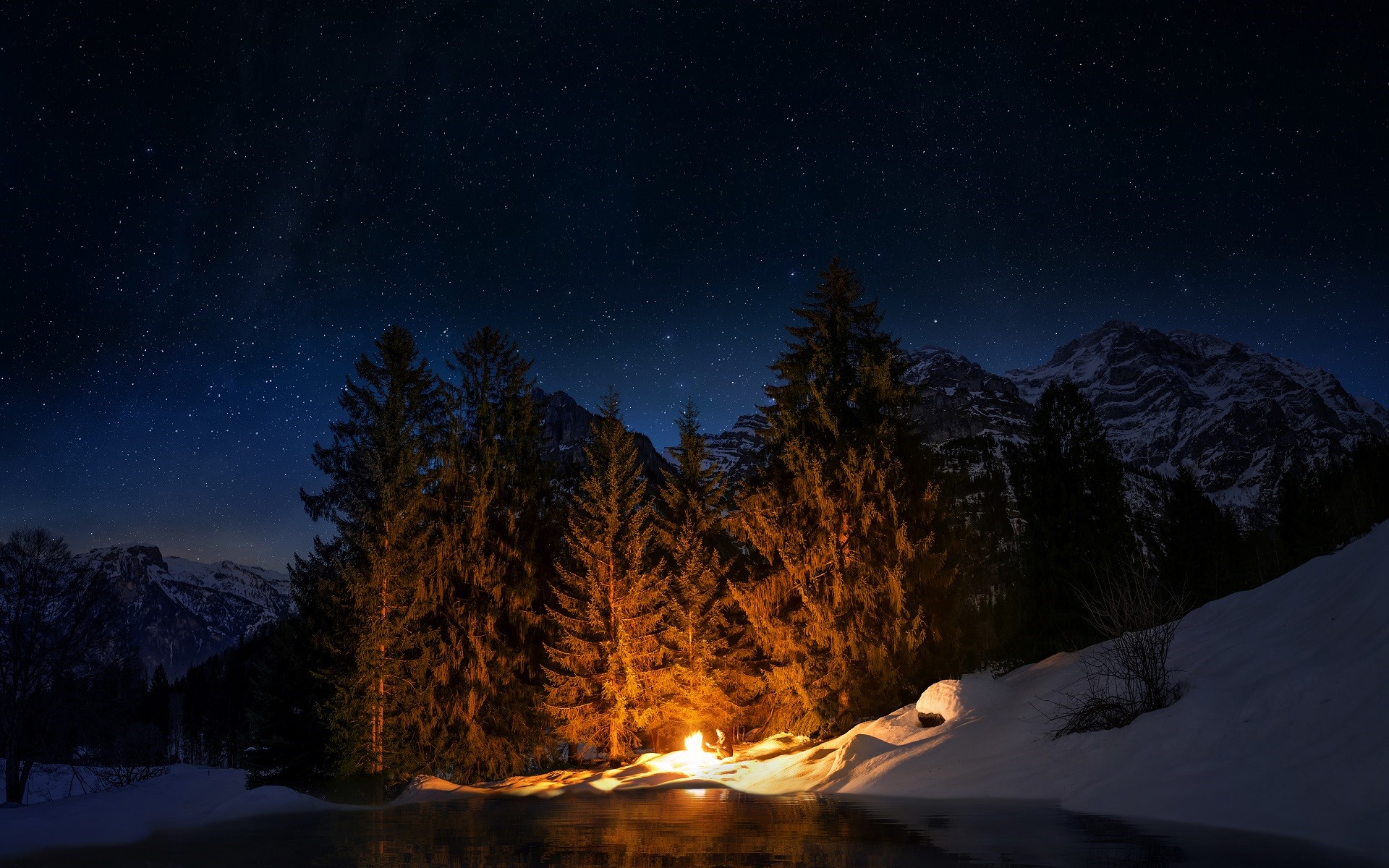 Campfire in a snowy forest under a starry sky HD Wallpaper