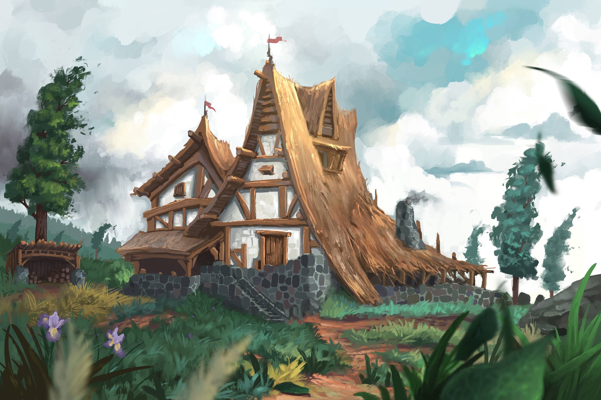 Fantasy Chalet with Thatched Roof and Stone Walls HD Wallpaper