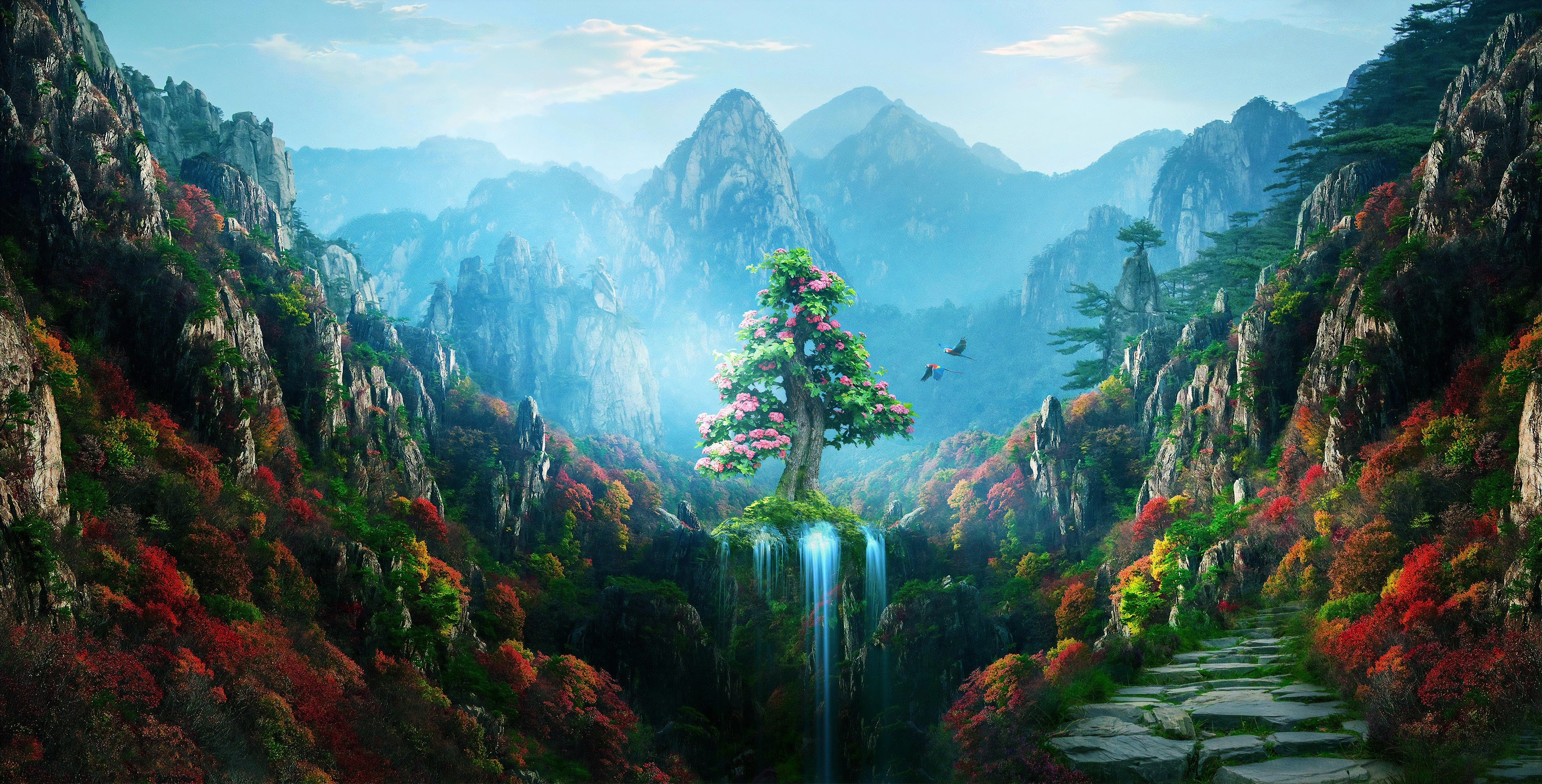 Fantasy landscape with mountains and a tree HD Wallpaper