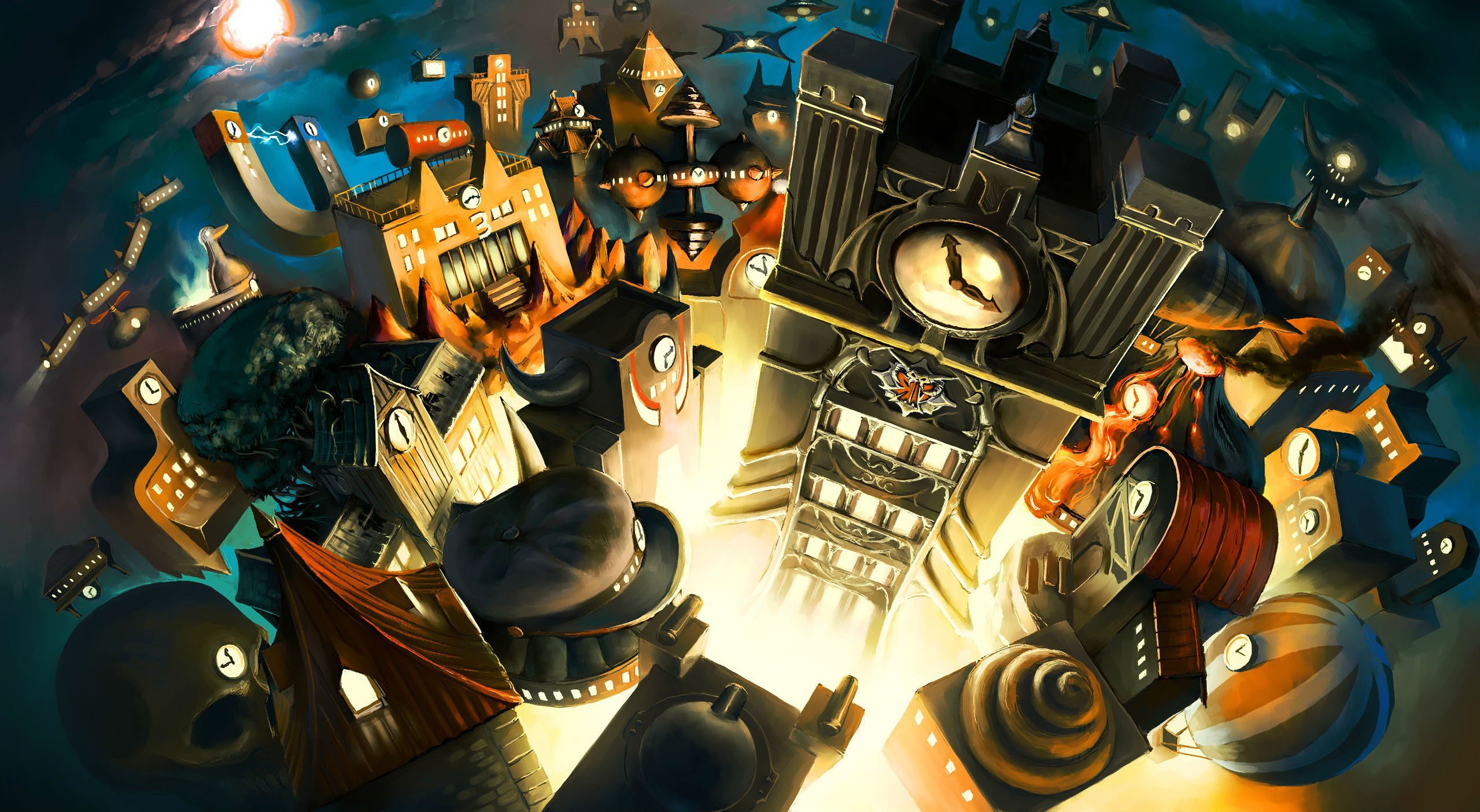 Surreal clockwork city with abstract buildings and hot air balloons HD Wallpaper