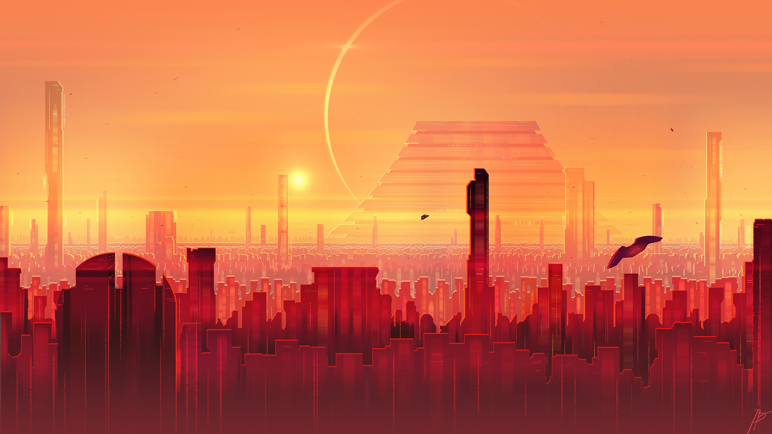 Futuristic cityscape with a ringed planet and flying vehicles HD Wallpaper