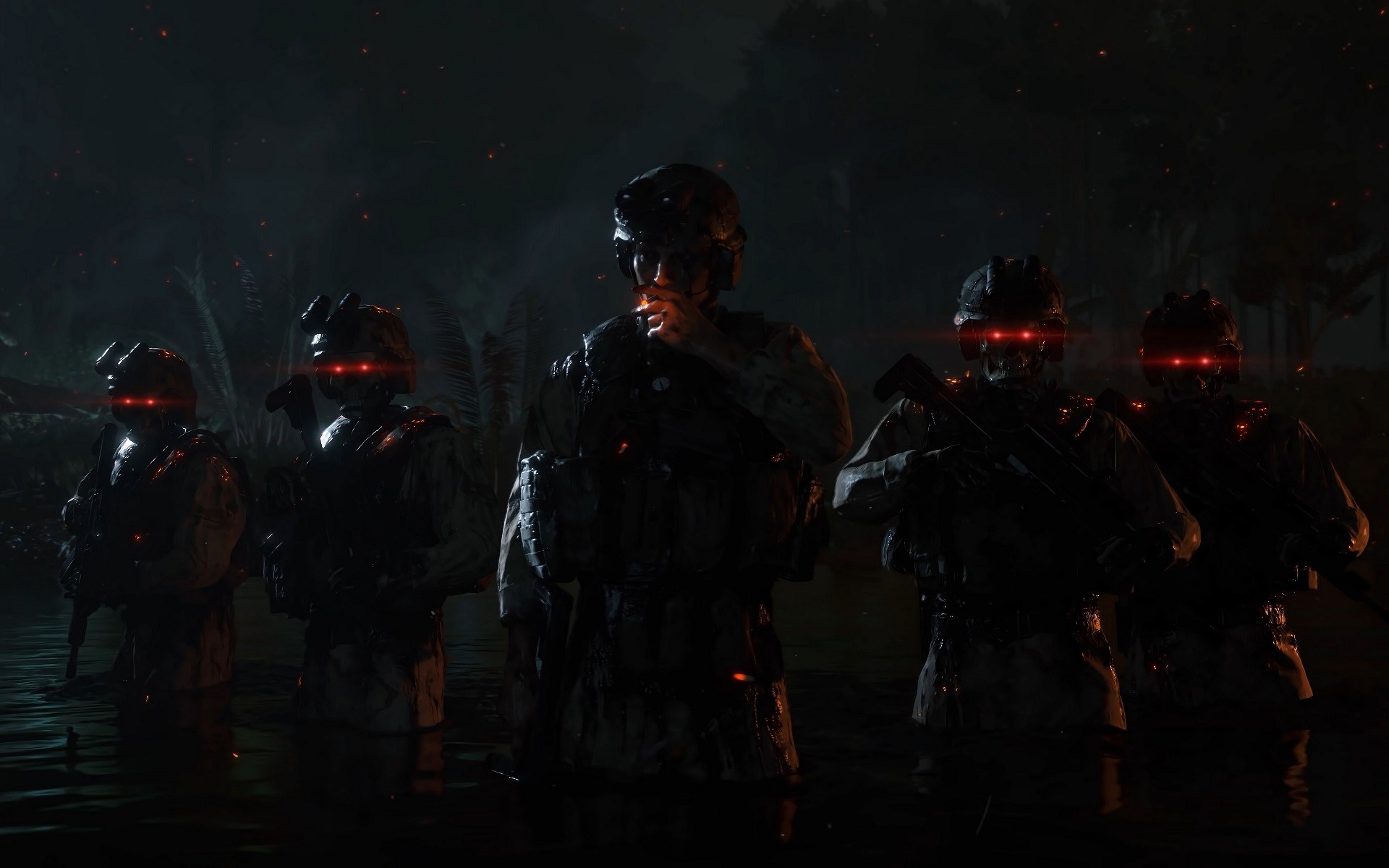 Soldiers with red eyes in dark water HD Wallpaper