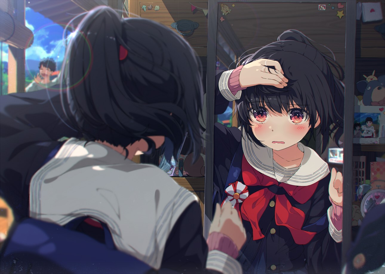 Anime girl with black hair and red eyes in a school uniform looking in a mirror HD Wallpaper