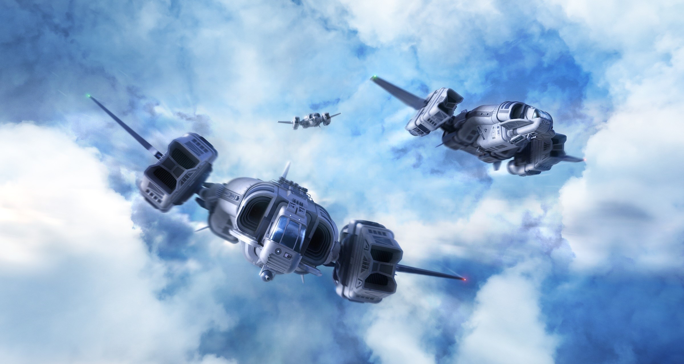 Futuristic vehicles flying through clouds HD Wallpaper