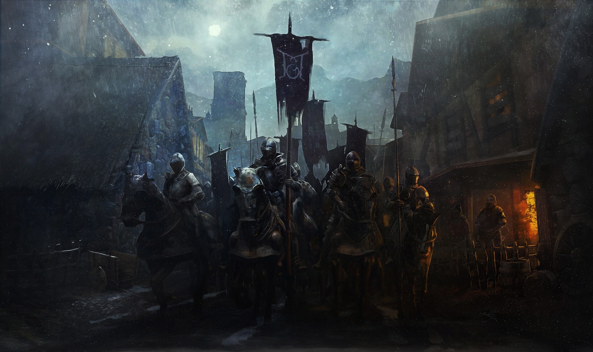 Knights on horseback in a dark, rainy fantasy town HD Wallpaper