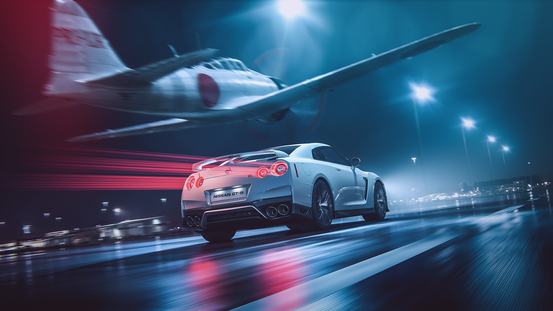 Nissan GT-R and Mitsubishi A6M2 Zero aircraft at night HD Wallpaper