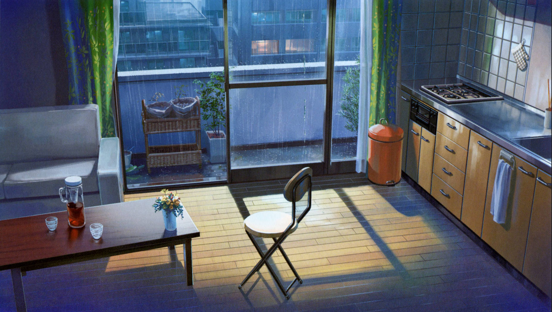 Interior of a kitchen and living area during rain HD Wallpaper