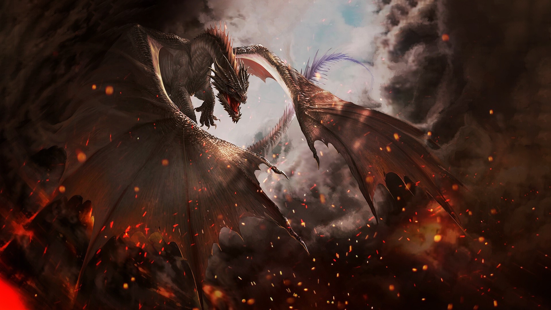 Two dragons in a fiery, smoky sky HD Wallpaper