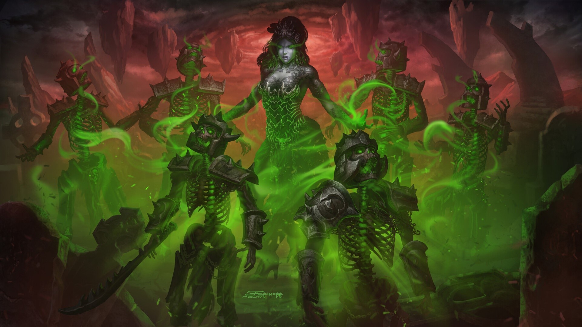 Necromancer raising skeletons in a graveyard HD Wallpaper