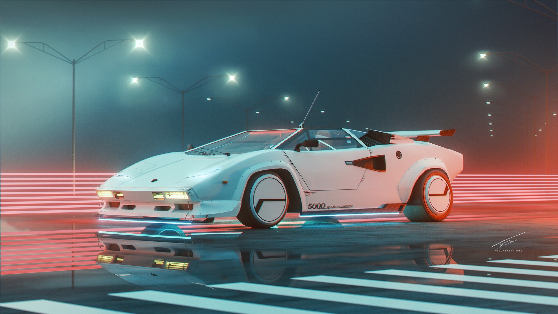 White Lamborghini Countach 5000 Quattrovalvole on wet road HD Wallpaper