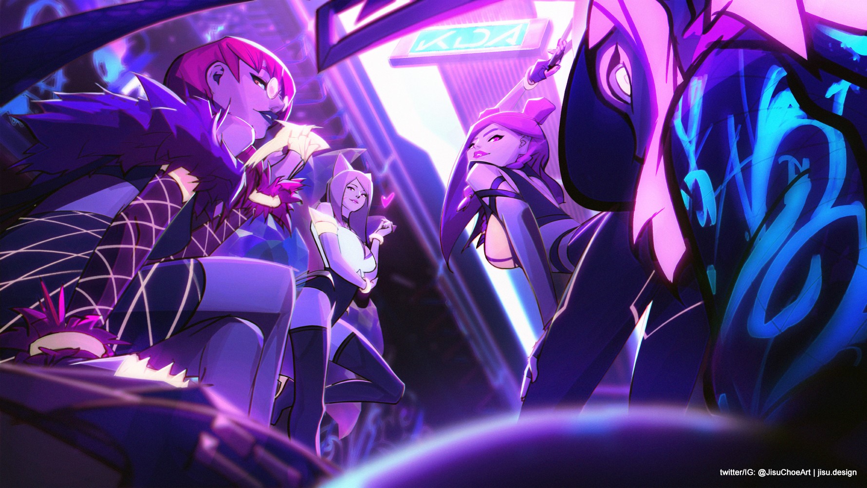 K/DA members from League of Legends in a neon-lit setting HD Wallpaper